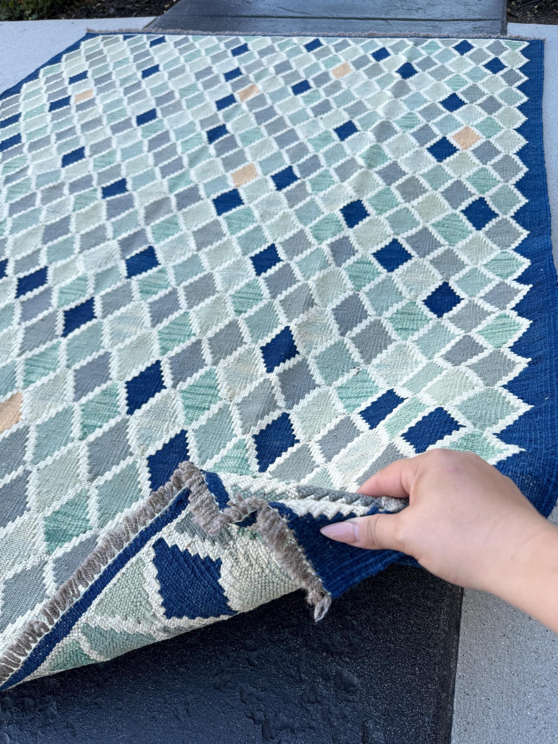 5x7 (150x200) Handmade Kilim Afghan Rug | Navy Blue Light Grey Gray Teal Tan Peanut Brown | Flatweave Outdoor Turkish Bohemian Wool