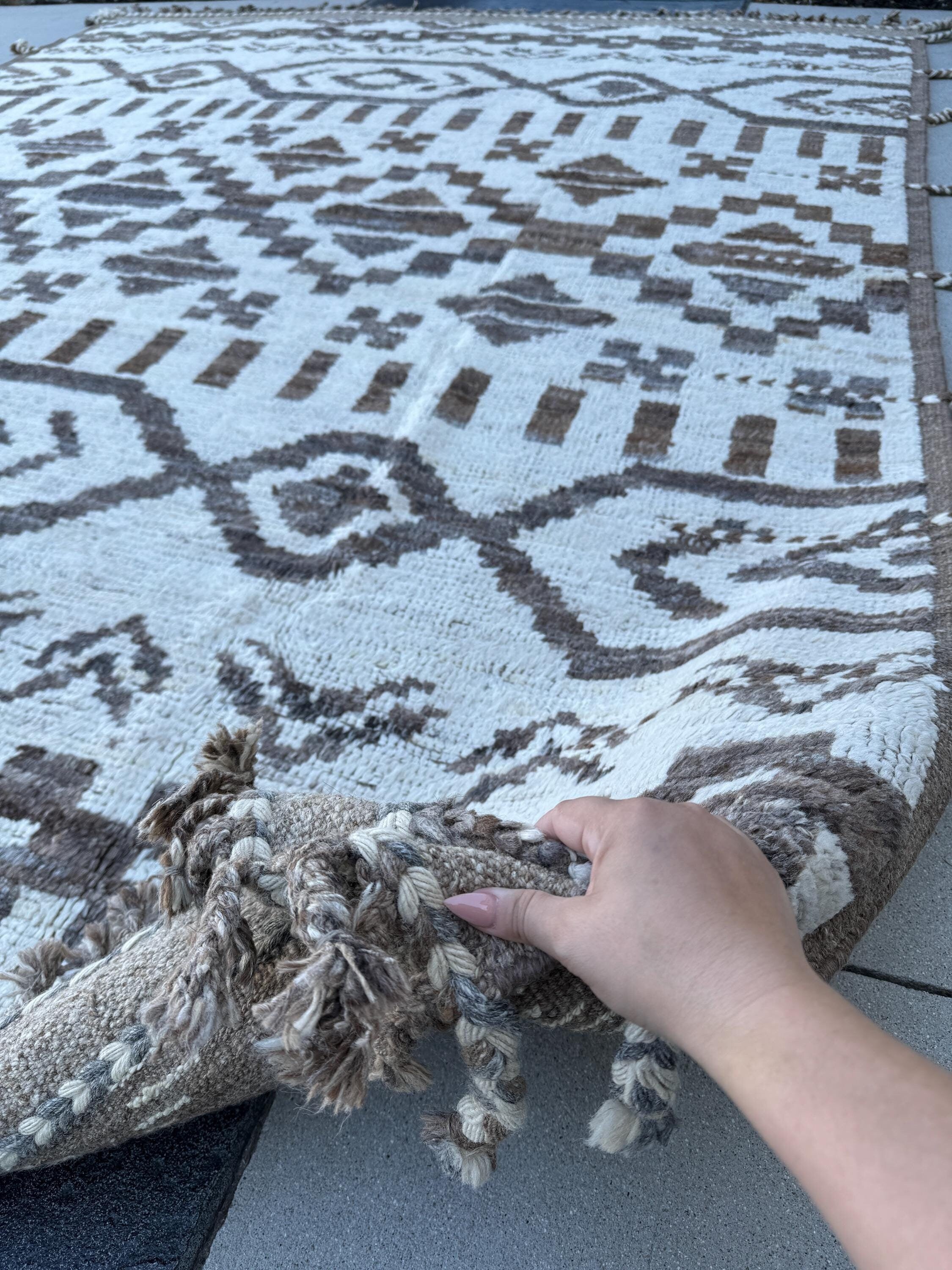 8x11 (240x330) Handmade Afghan Moroccan Rug | Neutral Ivory Cream White Beige Grey Gray | Wool Hand Knotted Geometric Tribal Plush Shag