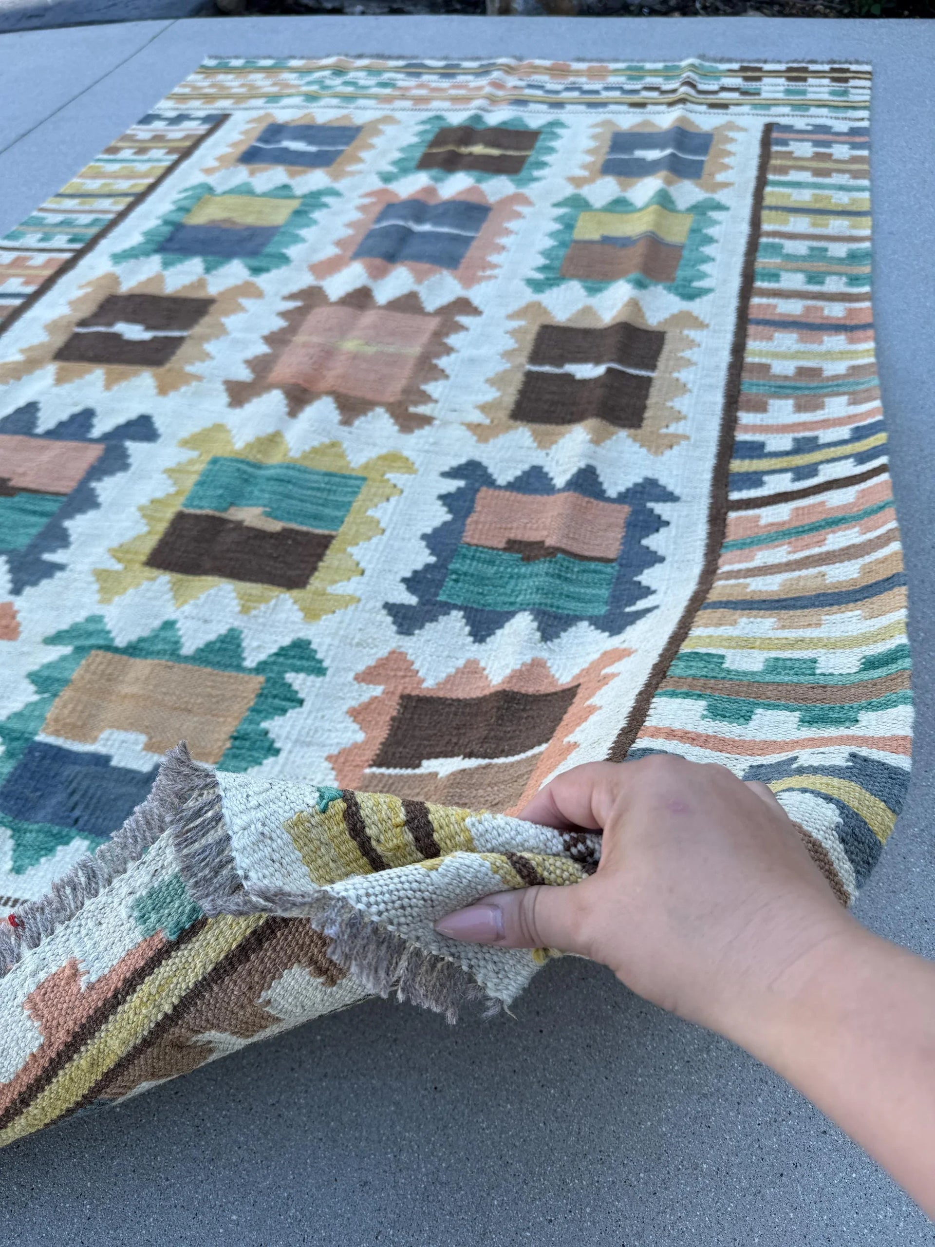 4x6 (120x180) Handmade Afghan Kilim Rug | Cream Ivory Mustard Yellow Forest Green Coffee Chocolate Brown Prussian Blue Grey | Flatweave Wool