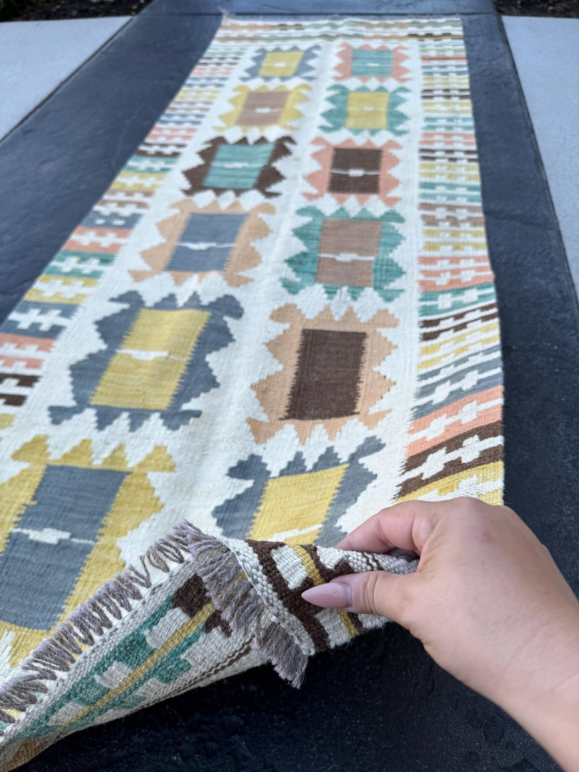 2x7 Handmade Afghan Kilim Runner Rug | Cream Ivory Mustard Yellow Maple Green Chocolate Brown Taupe Pumpkin Orange Charcoal | Flatweave Wool