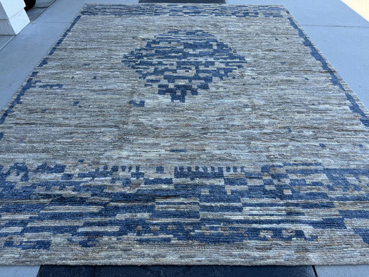 9x11-12 (274x350) Handmade Afghan Moroccan Rug | Grey Gray Denim Royal Blue | Wool Hand Knotted Abstract Shag Plush Modern Contemporary