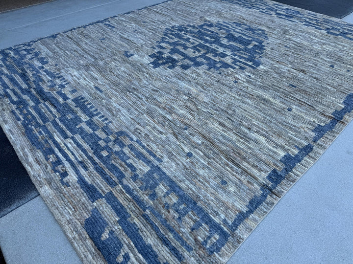 9x11-12 (274x350) Handmade Afghan Moroccan Rug | Grey Gray Denim Royal Blue | Wool Hand Knotted Abstract Shag Plush Modern Contemporary