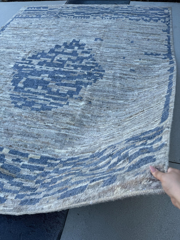 9x11-12 (274x350) Handmade Afghan Moroccan Rug | Grey Gray Denim Royal Blue | Wool Hand Knotted Abstract Shag Plush Modern Contemporary