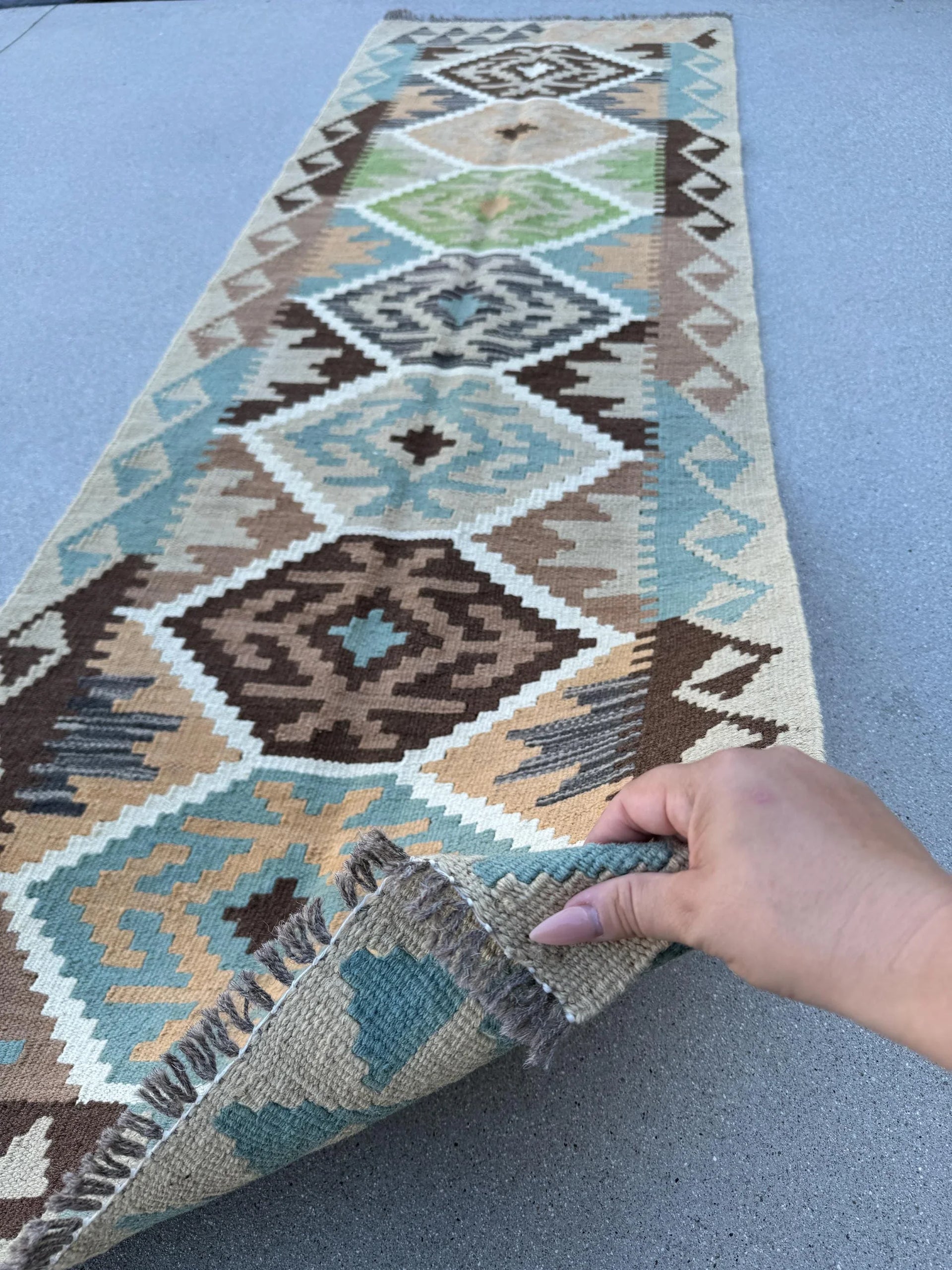 3x7 Handmade Afghan Kilim Runner Rug | Chocolate Mocha Rust Brown Pumpkin Ivory Grey Gray Teal | Flatweave Wool