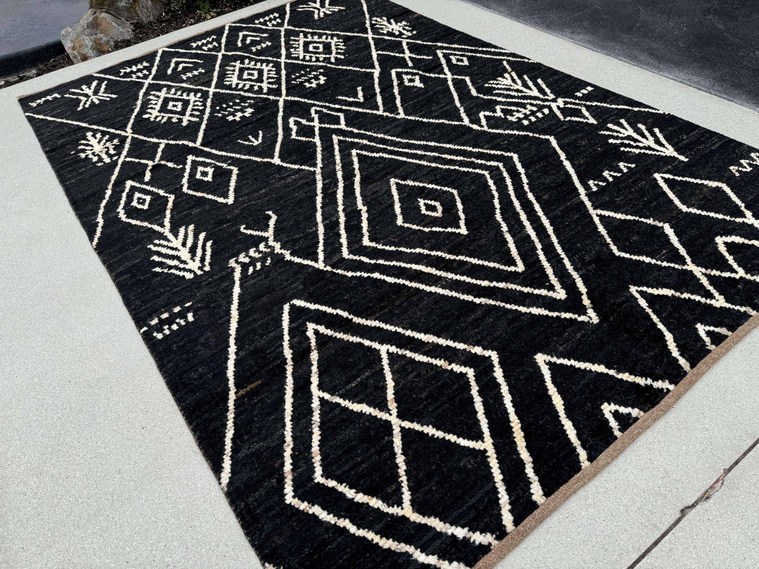 6x9 (180x274) Handmade Afghan Moroccan Rug | Black White Ivory | Wool Hand Knotted Shag Plush Berber Beni Tribal Modern Contemporary Boho