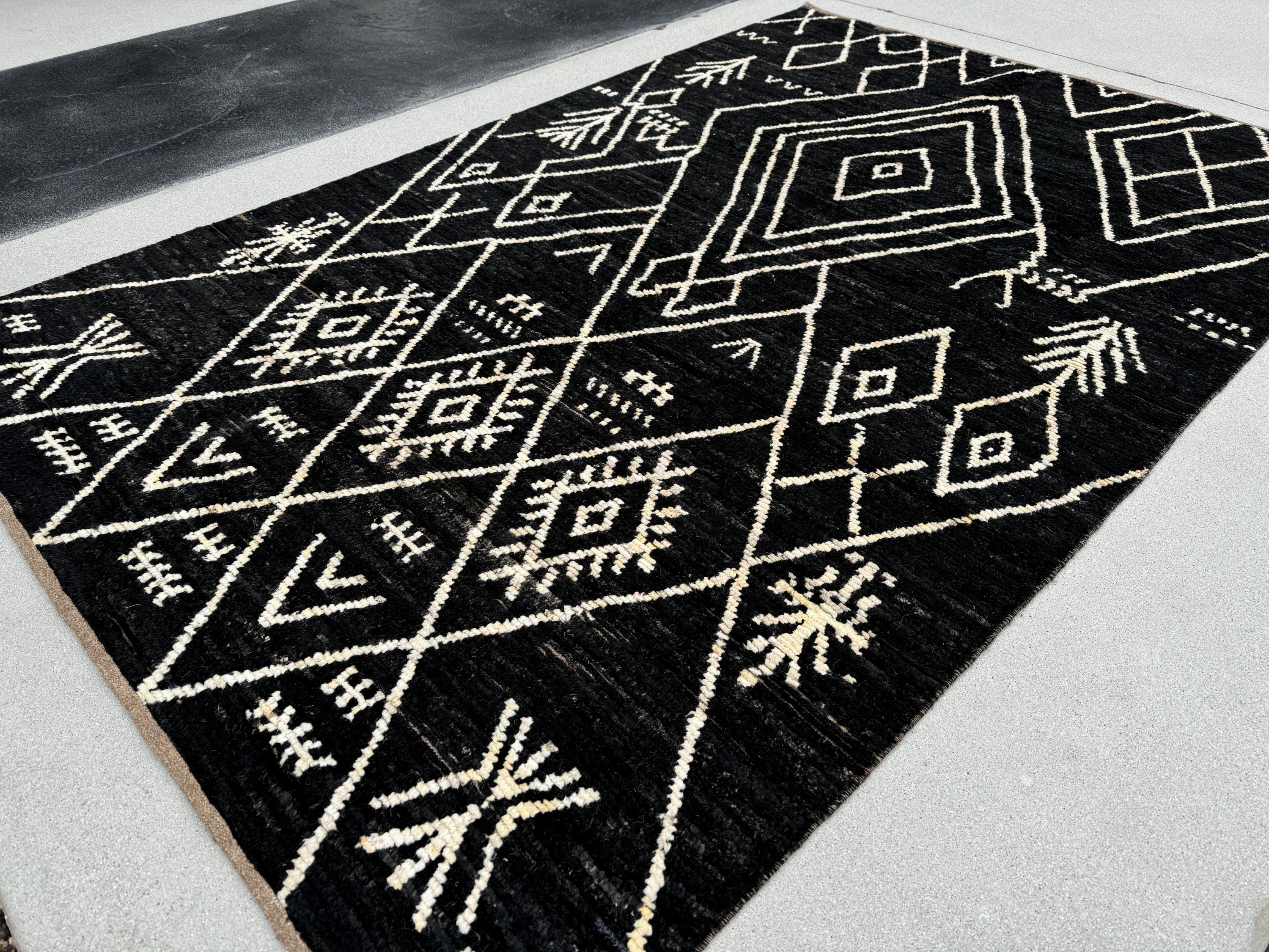 6x9 (180x274) Handmade Afghan Moroccan Rug | Black White Ivory | Wool Hand Knotted Shag Plush Berber Beni Tribal Modern Contemporary Boho