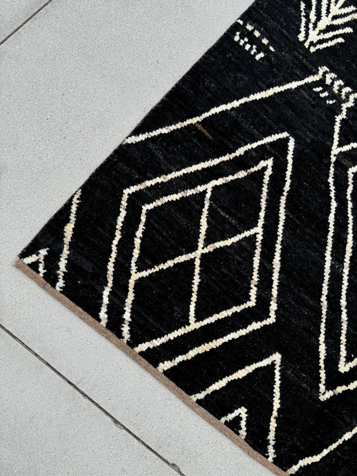 6x9 (180x274) Handmade Afghan Moroccan Rug | Black White Ivory | Wool Hand Knotted Shag Plush Berber Beni Tribal Modern Contemporary Boho