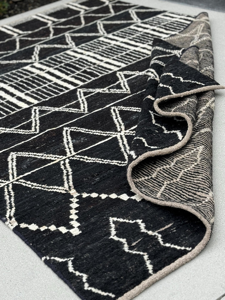 6x9 (180x274) Handmade Afghan Moroccan Rug | Black White Ivory | Wool Hand Knotted Shag Plush Berber Beni Tribal Modern Contemporary Boho