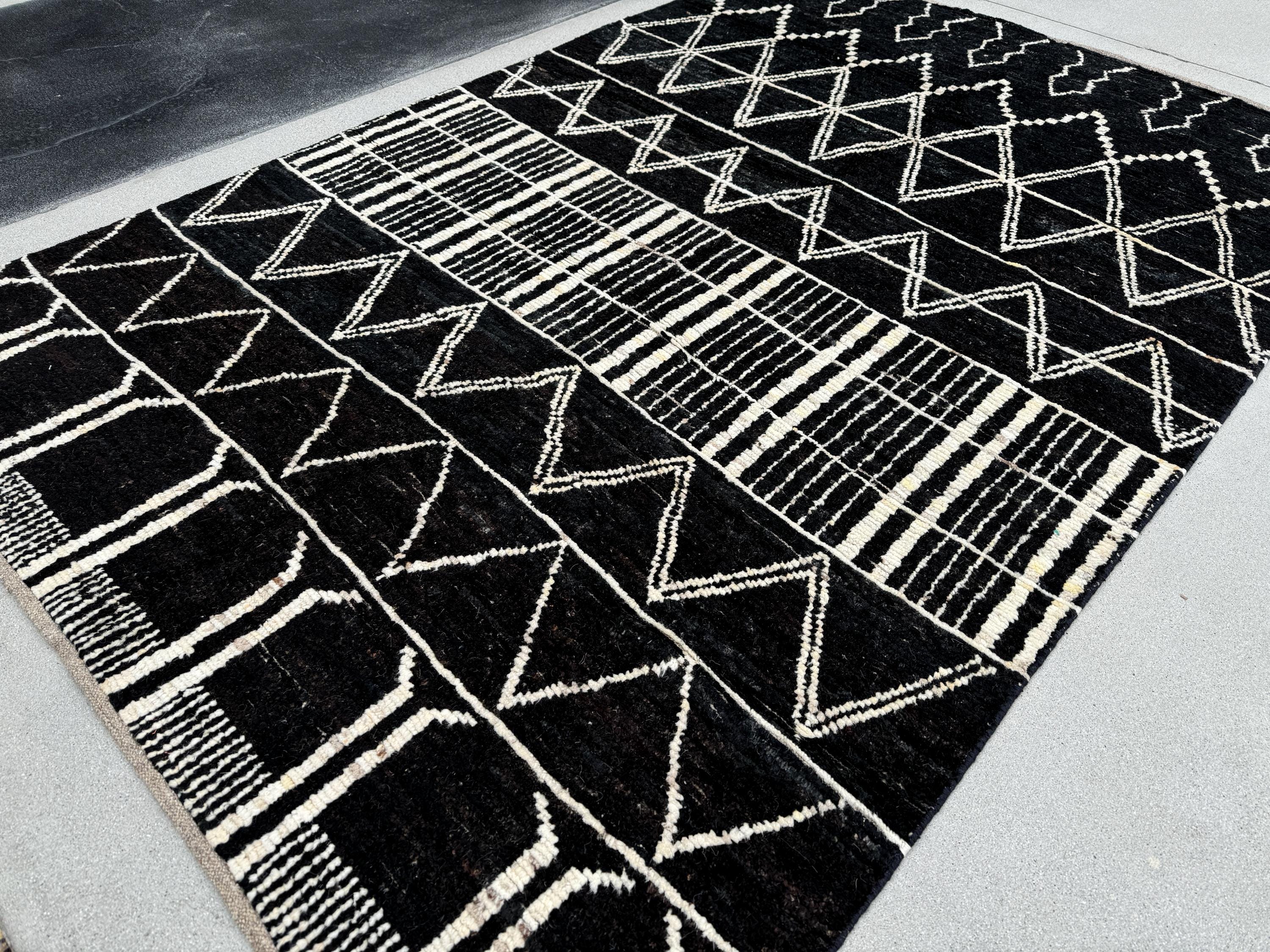 6x9 (180x274) Handmade Afghan Moroccan Rug | Black White Ivory | Wool Hand Knotted Shag Plush Berber Beni Tribal Modern Contemporary Boho