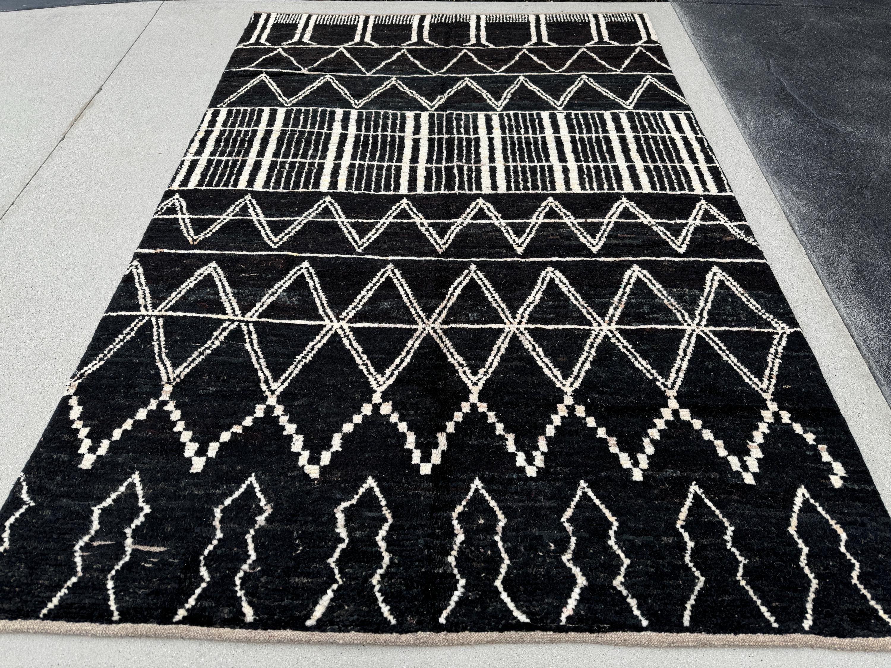 6x9 (180x274) Handmade Afghan Moroccan Rug | Black White Ivory | Wool Hand Knotted Shag Plush Berber Beni Tribal Modern Contemporary Boho