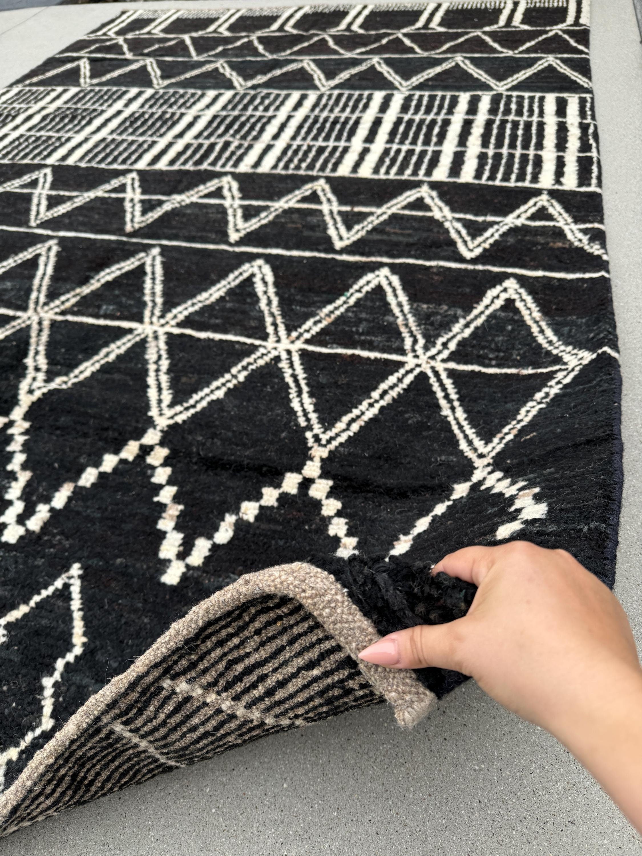 6x9 (180x274) Handmade Afghan Moroccan Rug | Black White Ivory | Wool Hand Knotted Shag Plush Berber Beni Tribal Modern Contemporary Boho