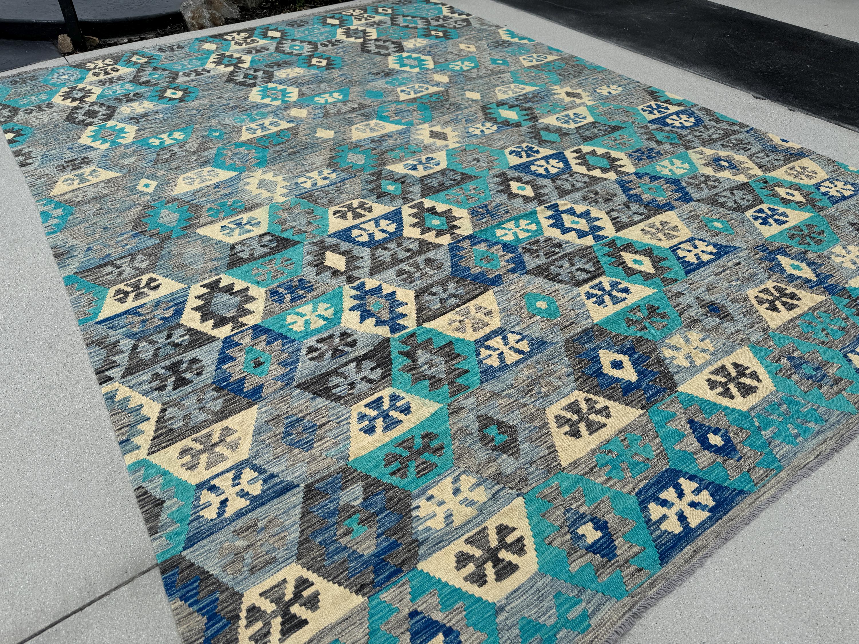 8-9x12 (260x365) Handmade Afghan Kilim Rug | Grey Gray Cream Sapphire Royal Denim Aqua Blue Teal Turquoise Charcoal | Wool Flatweave Woven