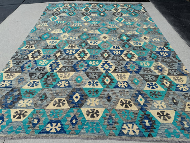 8-9x12 (260x365) Handmade Afghan Kilim Rug | Grey Gray Cream Sapphire Royal Denim Aqua Blue Teal Turquoise Charcoal | Wool Flatweave Woven