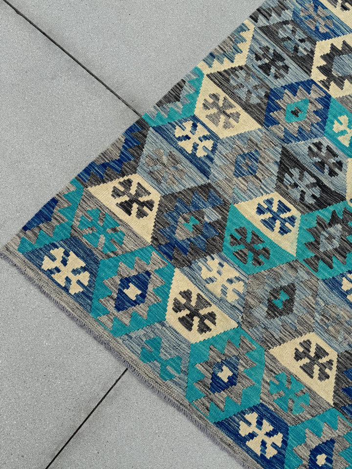 8-9x12 (260x365) Handmade Afghan Kilim Rug | Grey Gray Cream Sapphire Royal Denim Aqua Blue Teal Turquoise Charcoal | Wool Flatweave Woven