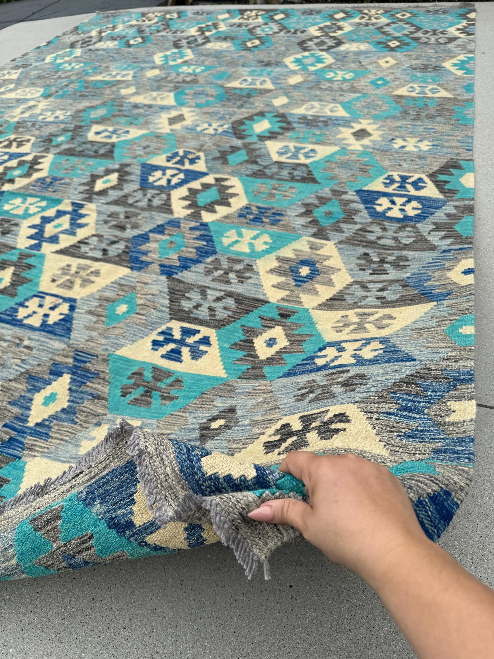 8-9x12 (260x365) Handmade Afghan Kilim Rug | Grey Gray Cream Sapphire Royal Denim Aqua Blue Teal Turquoise Charcoal | Wool Flatweave Woven