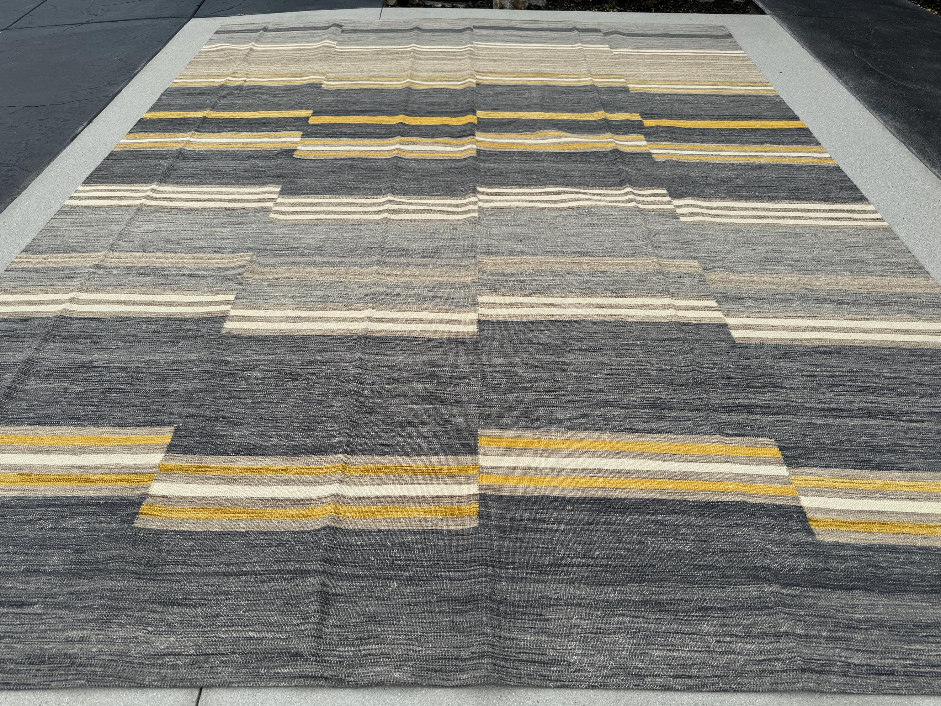 10x13 (305x395) Handmade Afghan Kilim Rug | Grey Charcoal Gray White Ivory Beige Cornsilk Golden Yellow | Wool Flatweave Modern Minimalist