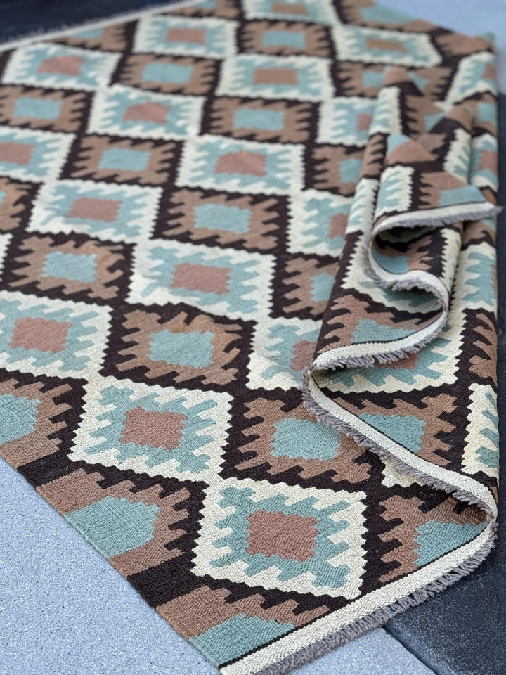 5x7 (150x200) Handmade Afghan Kilim Rug | Cream Beige Mocha Brown Turquoise Baby Sky Blue Black | Flatweave Traditional Rustic Outdoor