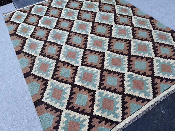 5x7 (150x200) Handmade Afghan Kilim Rug | Cream Beige Mocha Brown Turquoise Baby Sky Blue Black | Flatweave Traditional Rustic Outdoor