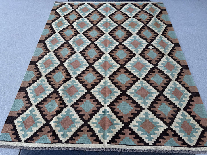 5x7 (150x200) Handmade Afghan Kilim Rug | Cream Beige Mocha Brown Turquoise Baby Sky Blue Black | Flatweave Traditional Rustic Outdoor