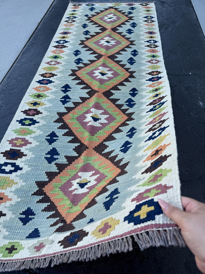 3x7 Handmade Afghan Kilim Runner Rug | Coffee Brown Ivory Fern Green Pumpkin Orange Navy Muted Blue Magenta Raspberry Plum | Flatweave