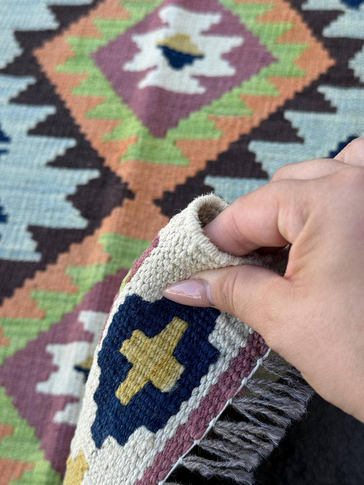 3x7 Handmade Afghan Kilim Runner Rug | Coffee Brown Ivory Fern Green Pumpkin Orange Navy Muted Blue Magenta Raspberry Plum | Flatweave