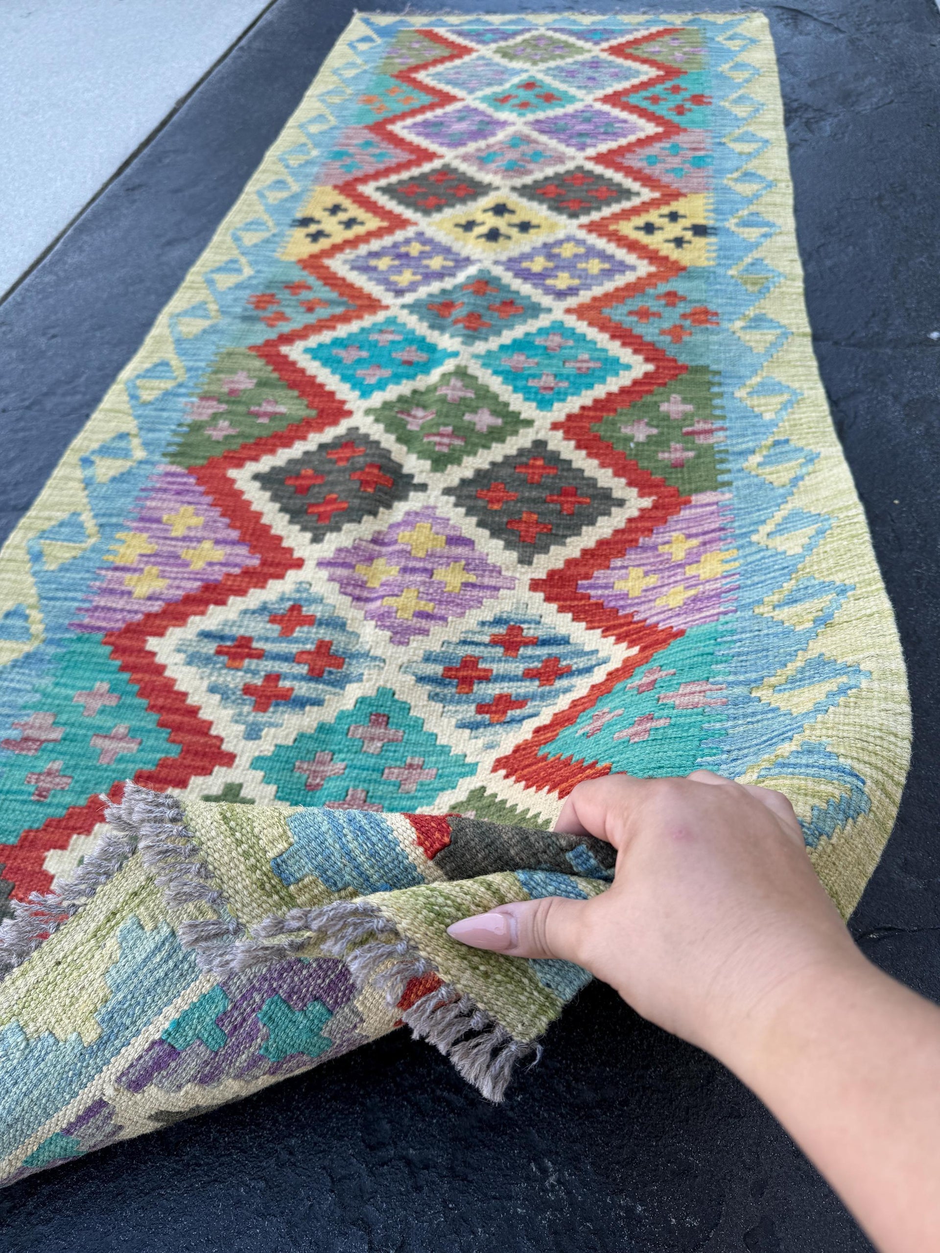 3x7 Handmade Afghan Kilim Runner Rug | Fern Green Denim Blue Cherry Red Purple Violet Teal Turquoise Dark Grey Maroon Yellow | Flatweave