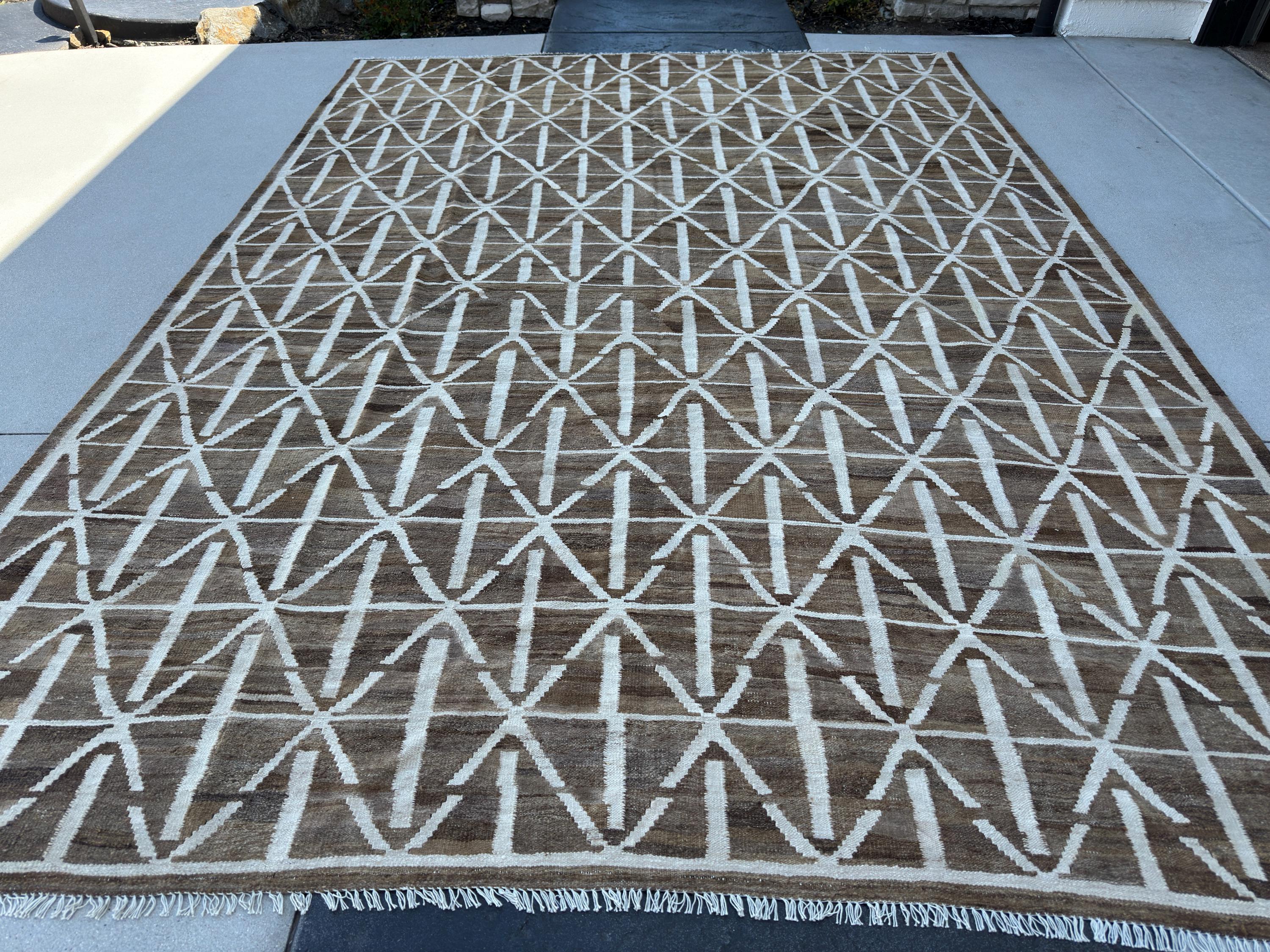 9x13 (270x400) Handmade Afghan Kilim Rug | Chocolate Brown Cream Beige | Beni Mrirt Boujad Flokati Bohemian Persian Oushak Wool