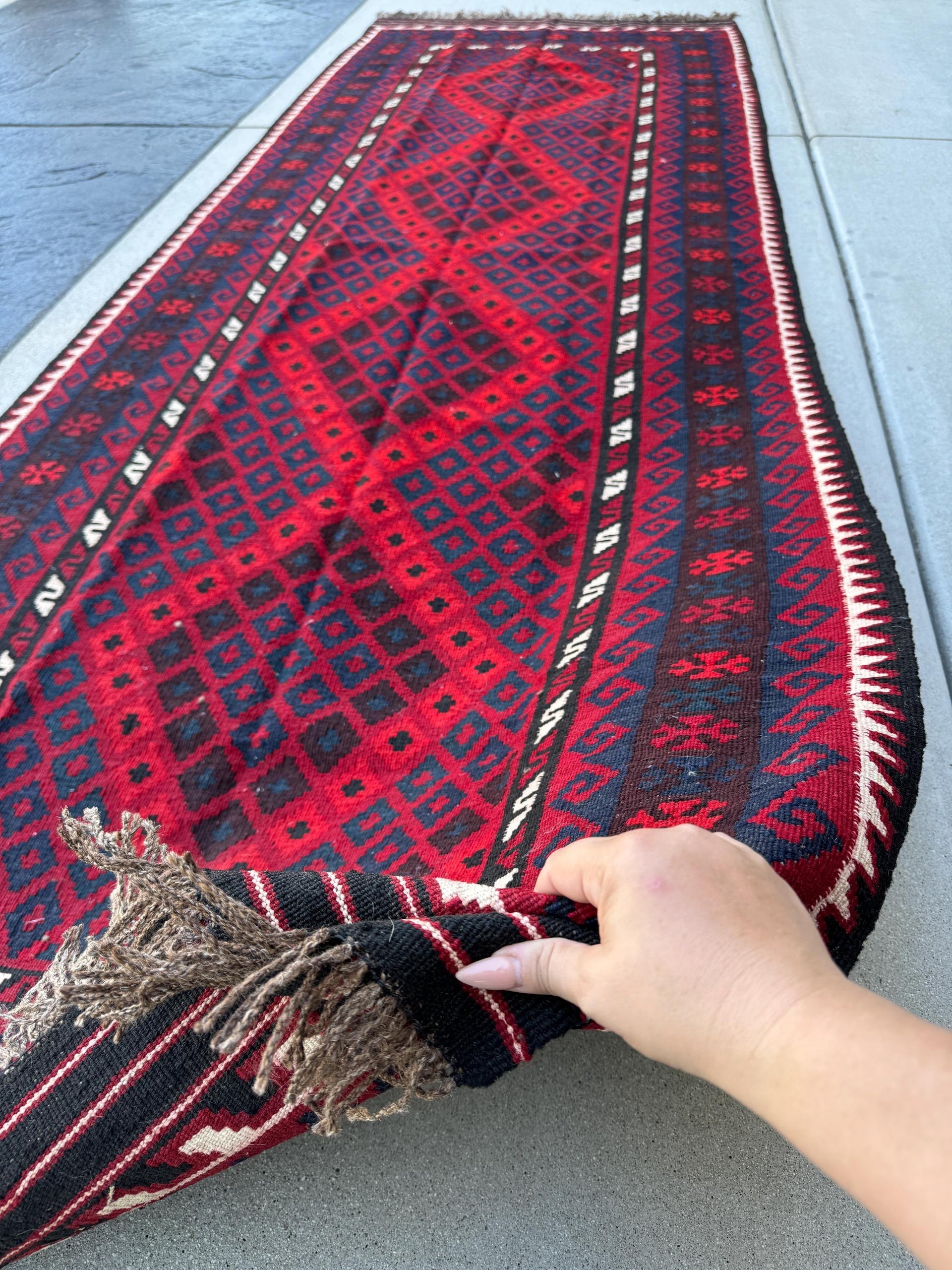 3x11 Handmade Afghan Kilim Runner Rug | Cherry Crimson Red Maroon Chocolate Brown Black Ivory Orange Navy Blue | Wool Flatweave Outdoor Boho