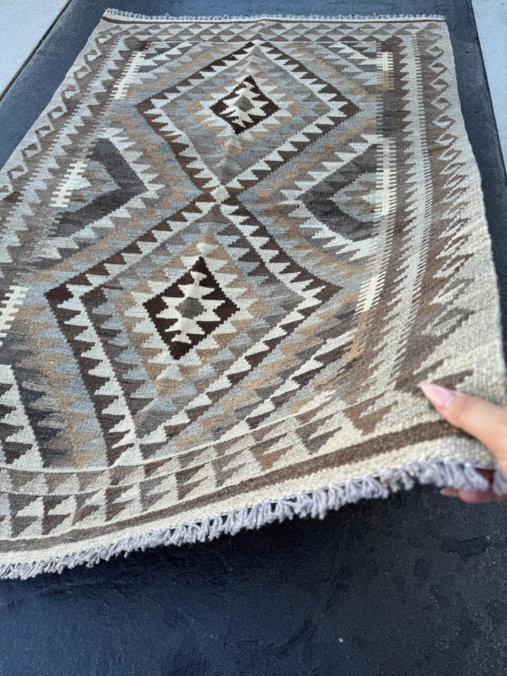 3x5 (100x150) Handmade Afghan Kilim Rug | Grey Gray Golden Coffee Brown Beige Cream | Hand Knotted Geometric Bohemian Turkish Persian Wool