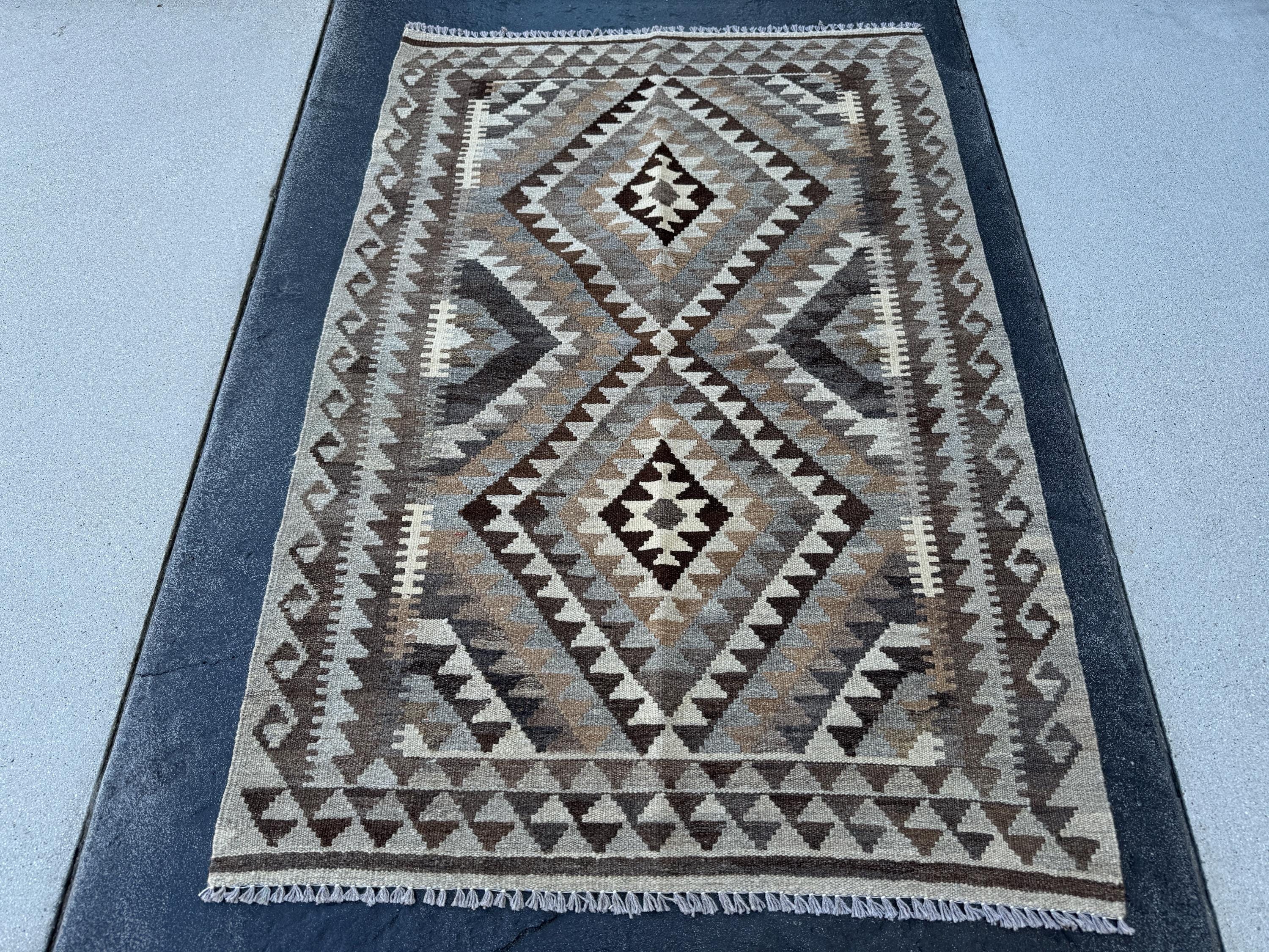 3x5 (100x150) Handmade Afghan Kilim Rug | Grey Gray Golden Coffee Brown Beige Cream | Hand Knotted Geometric Bohemian Turkish Persian Wool