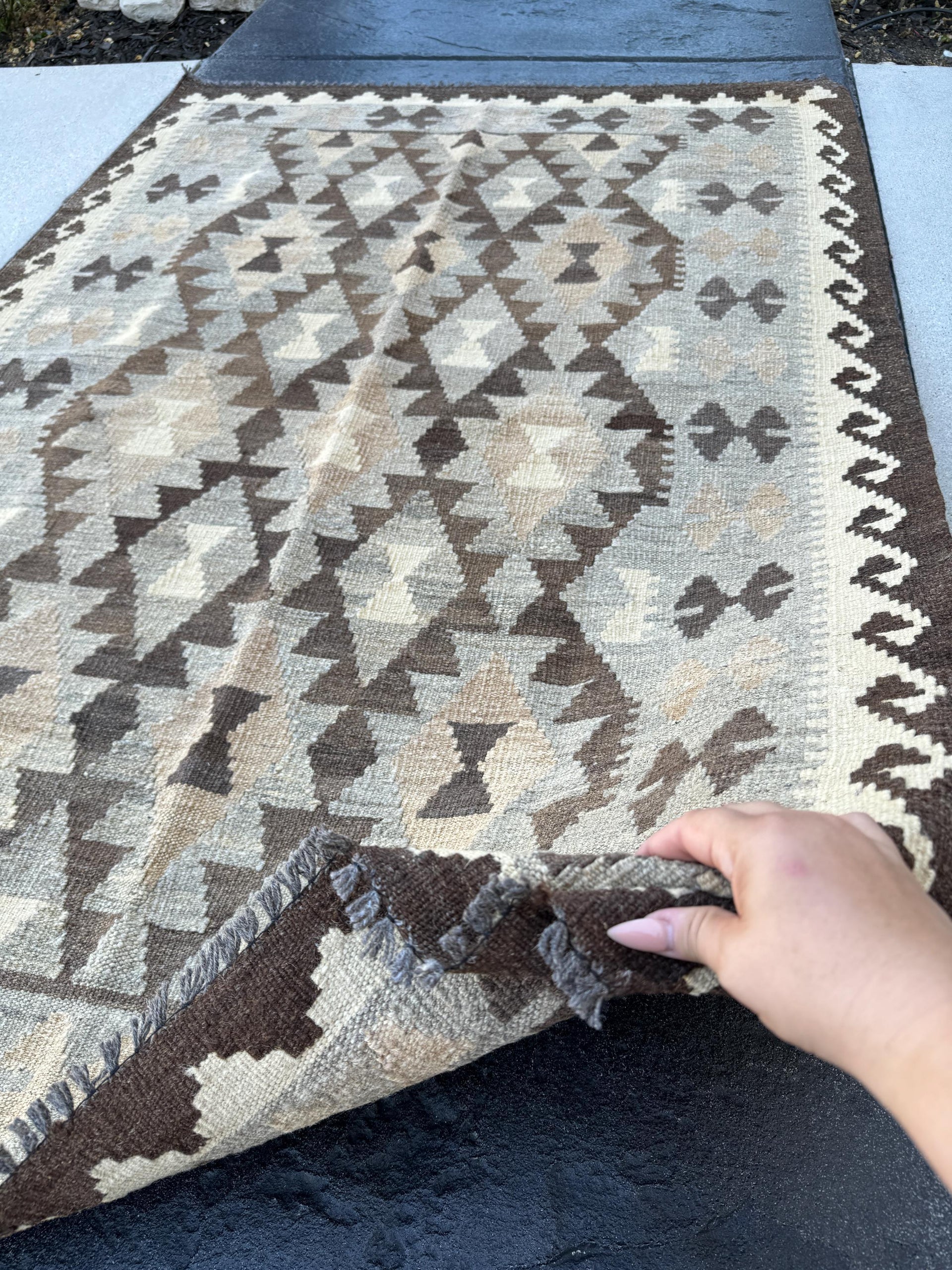 4x6 (120x180) Handmade Afghan Kilim Rug | Grey Gray Golden Coffee Brown Beige Cream | Hand Knotted Geometric Bohemian Turkish Persian Wool