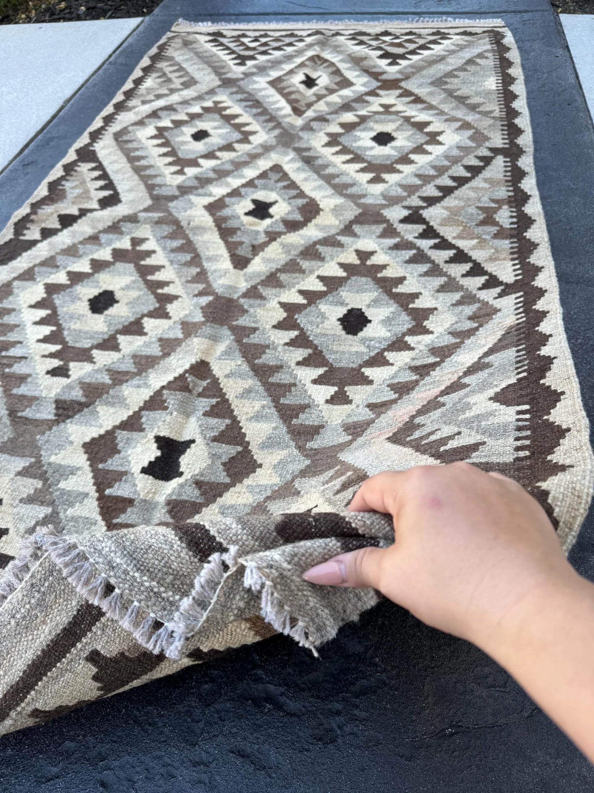 3x7 Handmade Afghan Kilim Runner Rug | Grey Gray Golden Coffee Brown Beige Cream Black | Flatweave Turkish Oushak Oriental Persian Wool