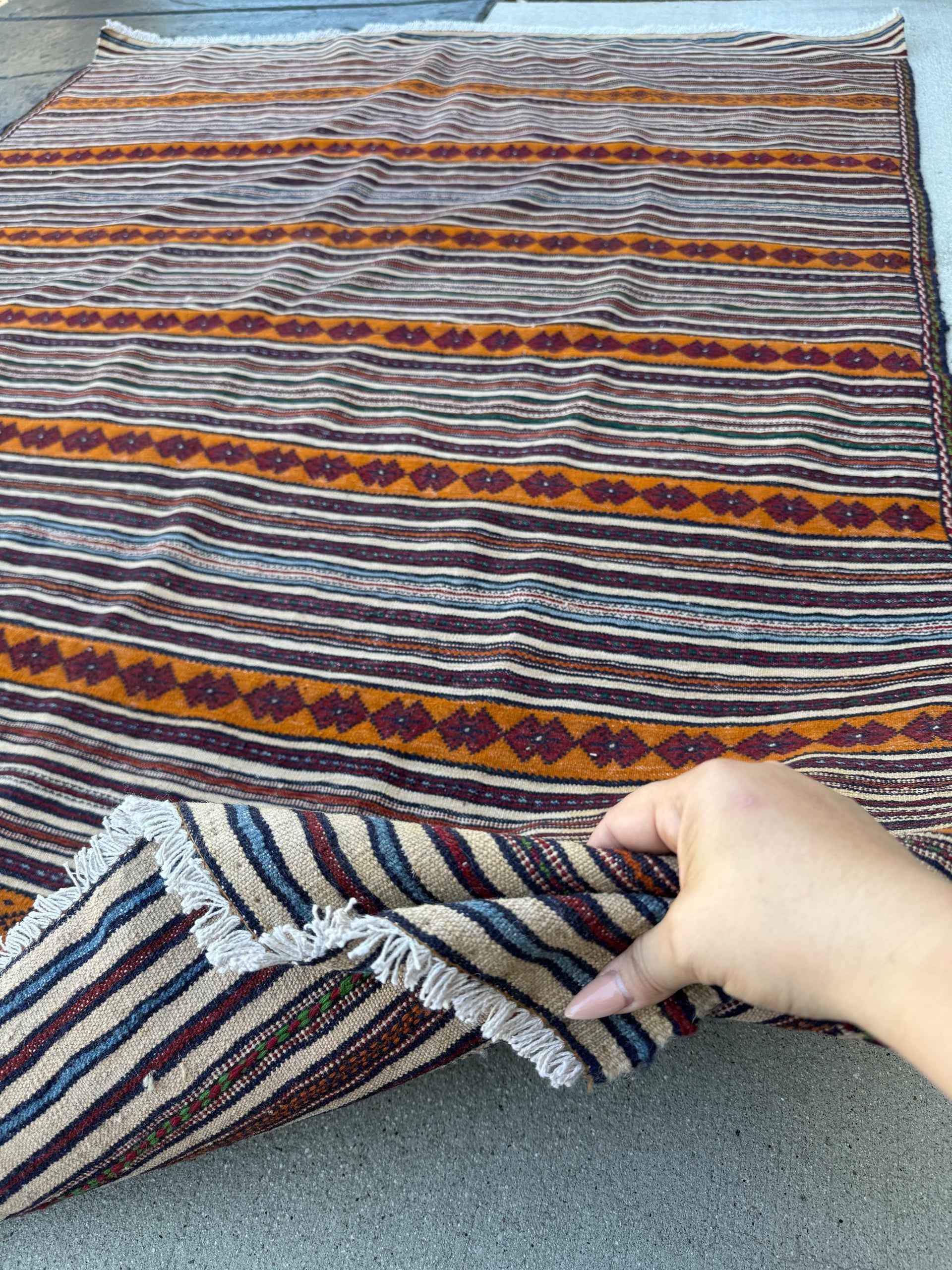 5x6 (150x180) Handmade Afghan Kilim Rug | Orange Crimson Red Light Blue Ivory Taupe | Hand Knotted Geometric Persian Turkish Wool