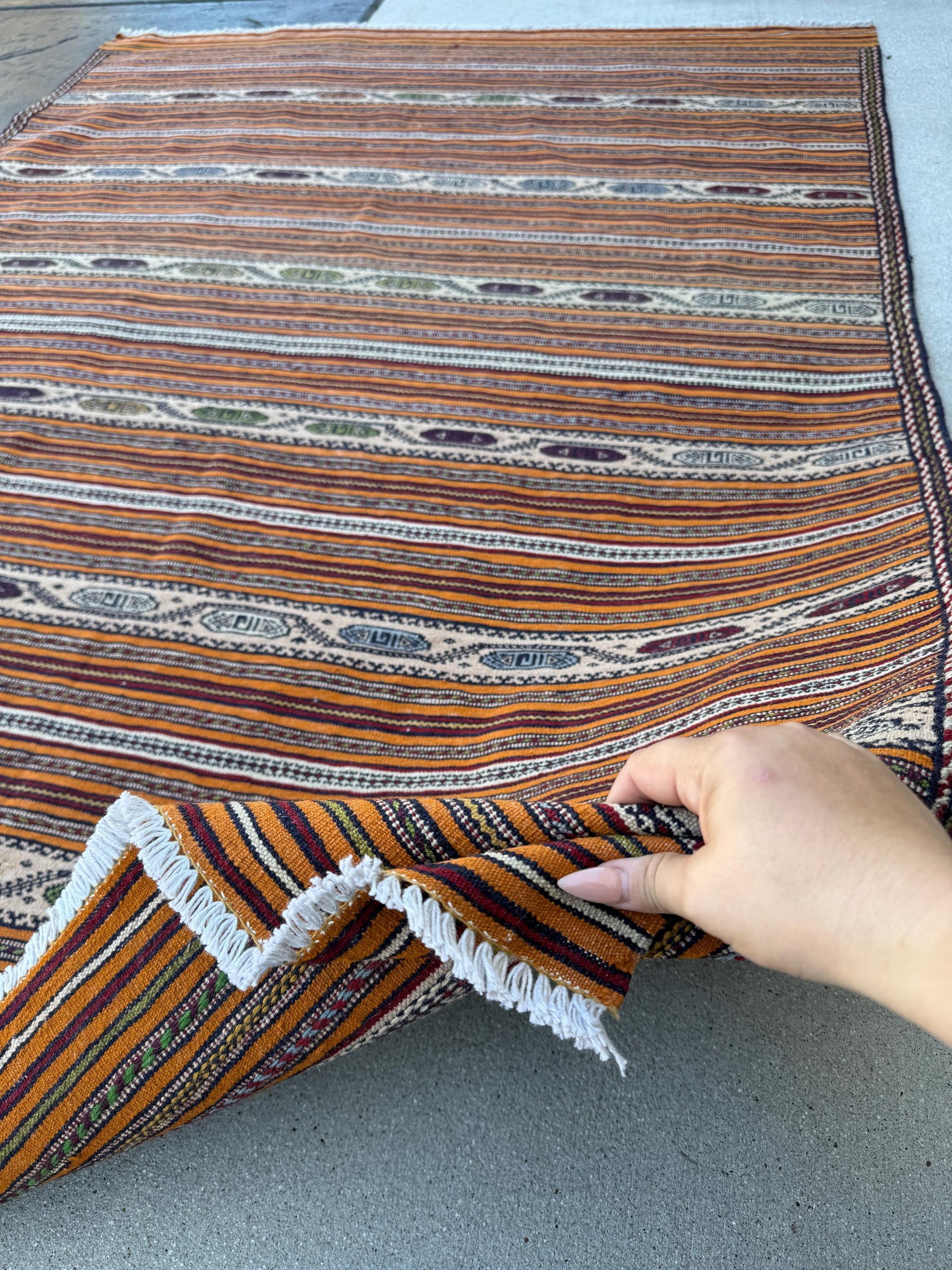 5x7 (150x215) Handmade Afghan Kilim Rug | Burnt Orange Crimson Red Sky Blue Lime Green Cream Beige Ivory | Geometric Wool Persian Oriental