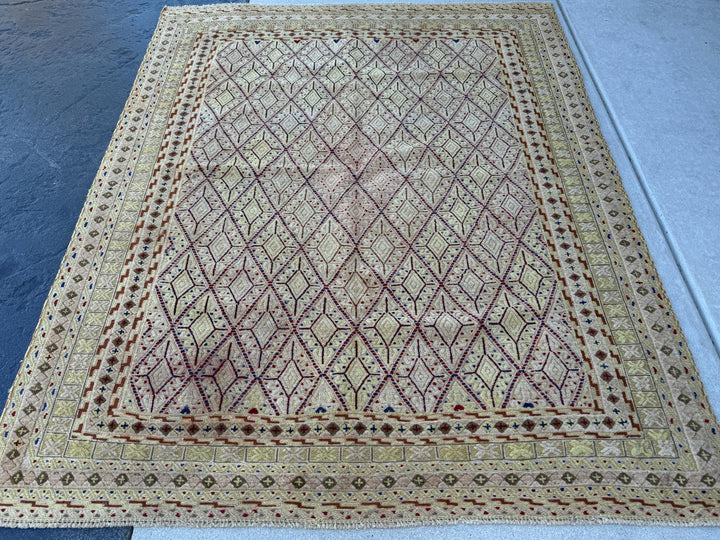 5x6 (150x180) Handmade Afghan Rug | Taupe Yellow Cornsilk Cream Beige Chocolate Brown | Hand Knotted Geometric Turkish Wool