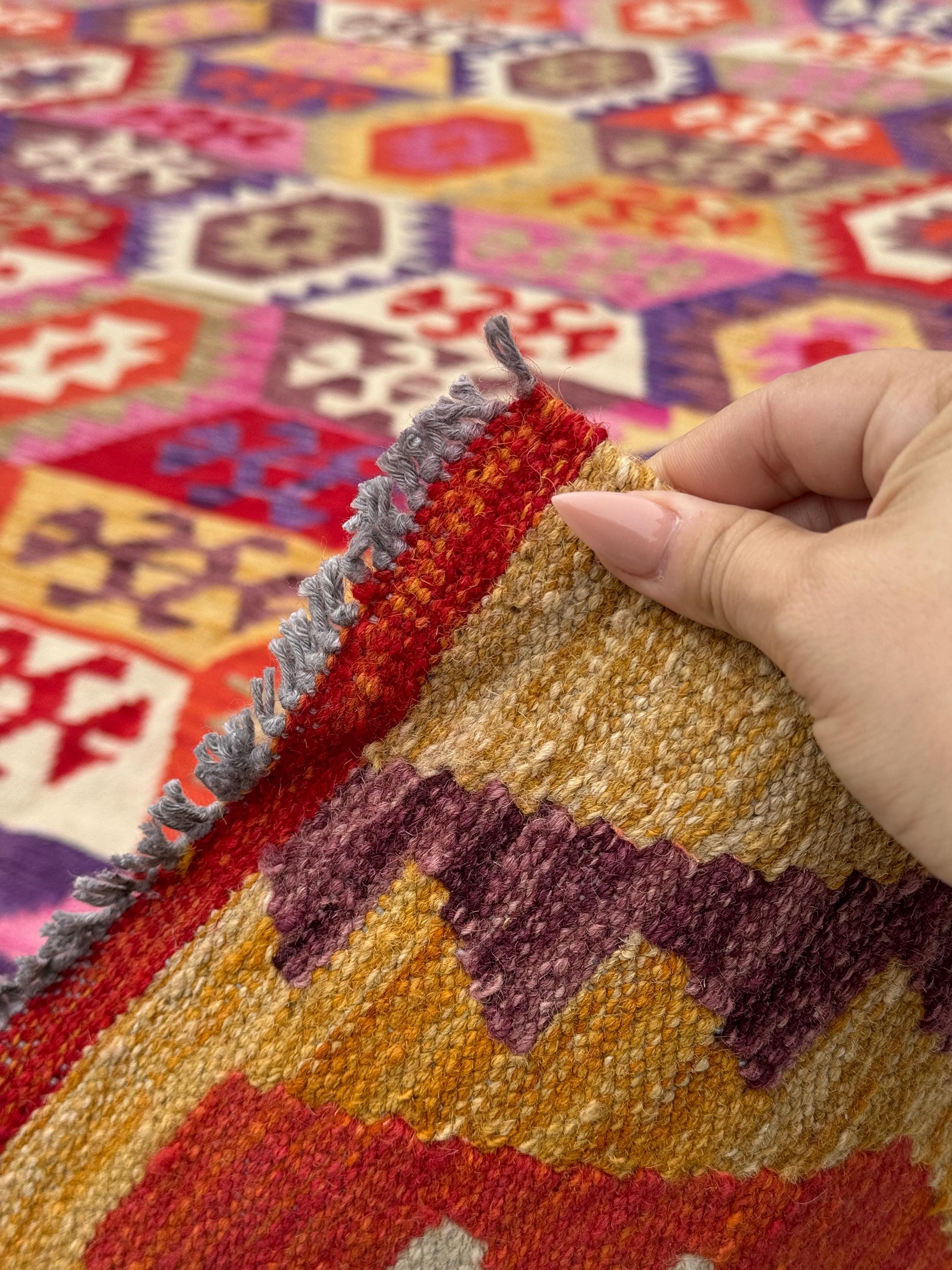 8-9x12 (260x365) Handmade Afghan Kilim Rug | Fuschia Pink Cherry Red Eggplant Violet Mauve Cream Rust Orange Bown | Wool Flatweave Woven