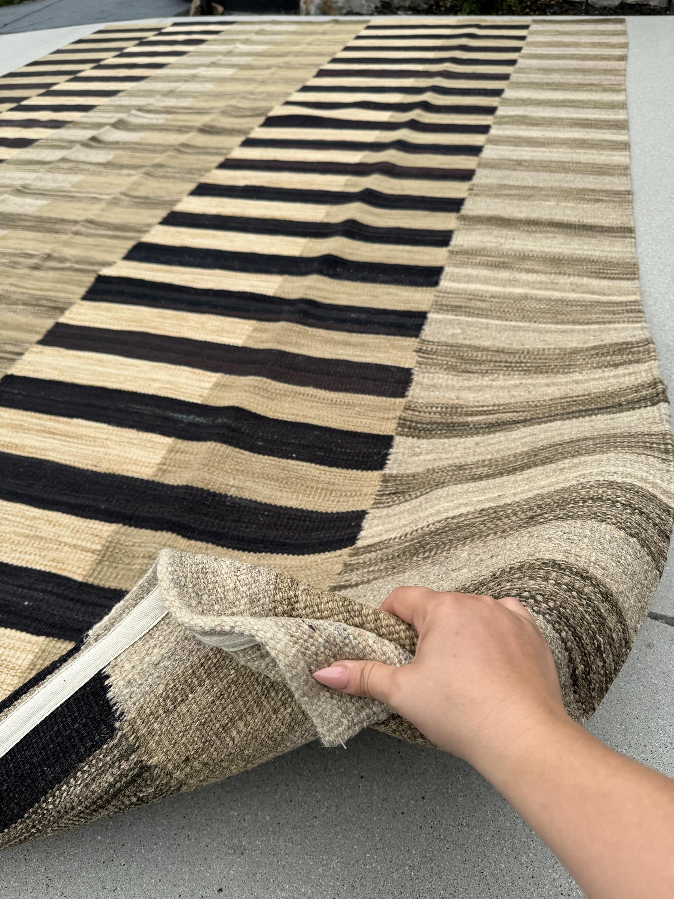 8x12 Handmade Afghan Kilim Rug | Neutral Brown Beige Taupe Gold Black Light Dark Grey | Wool Handknotted Flatweave Outdoor Flatwoven Modern