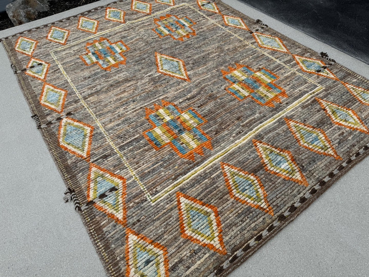 6x8 Handmade Afghan Moroccan Rug | Brown Grey Orange Yellow Sky Blue Cream | Berber Beni Oushak Ourain Tufted Bohemian Persian Southwestern