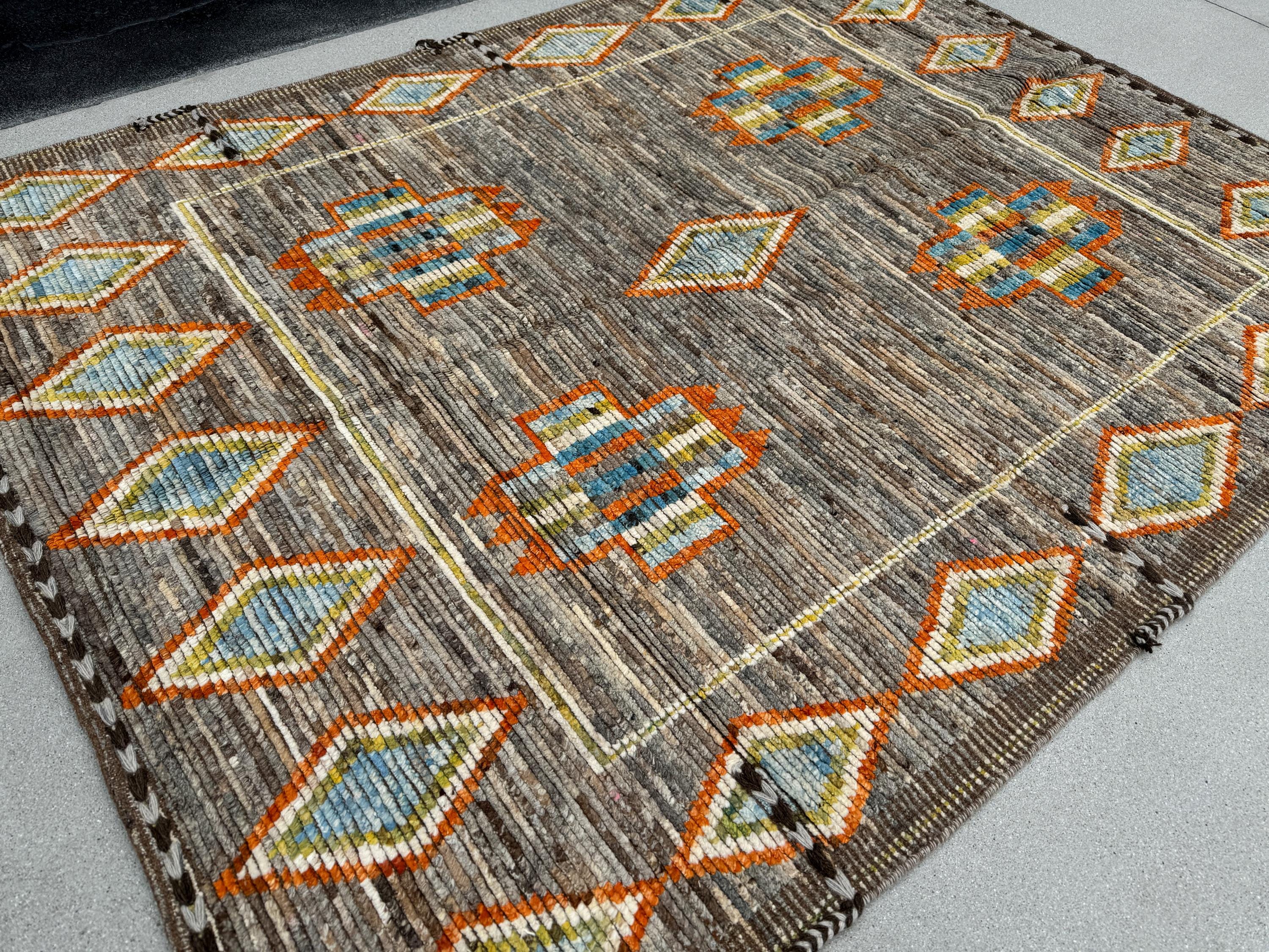 6x8 Handmade Afghan Moroccan Rug | Brown Grey Orange Yellow Sky Blue Cream | Berber Beni Oushak Ourain Tufted Bohemian Persian Southwestern