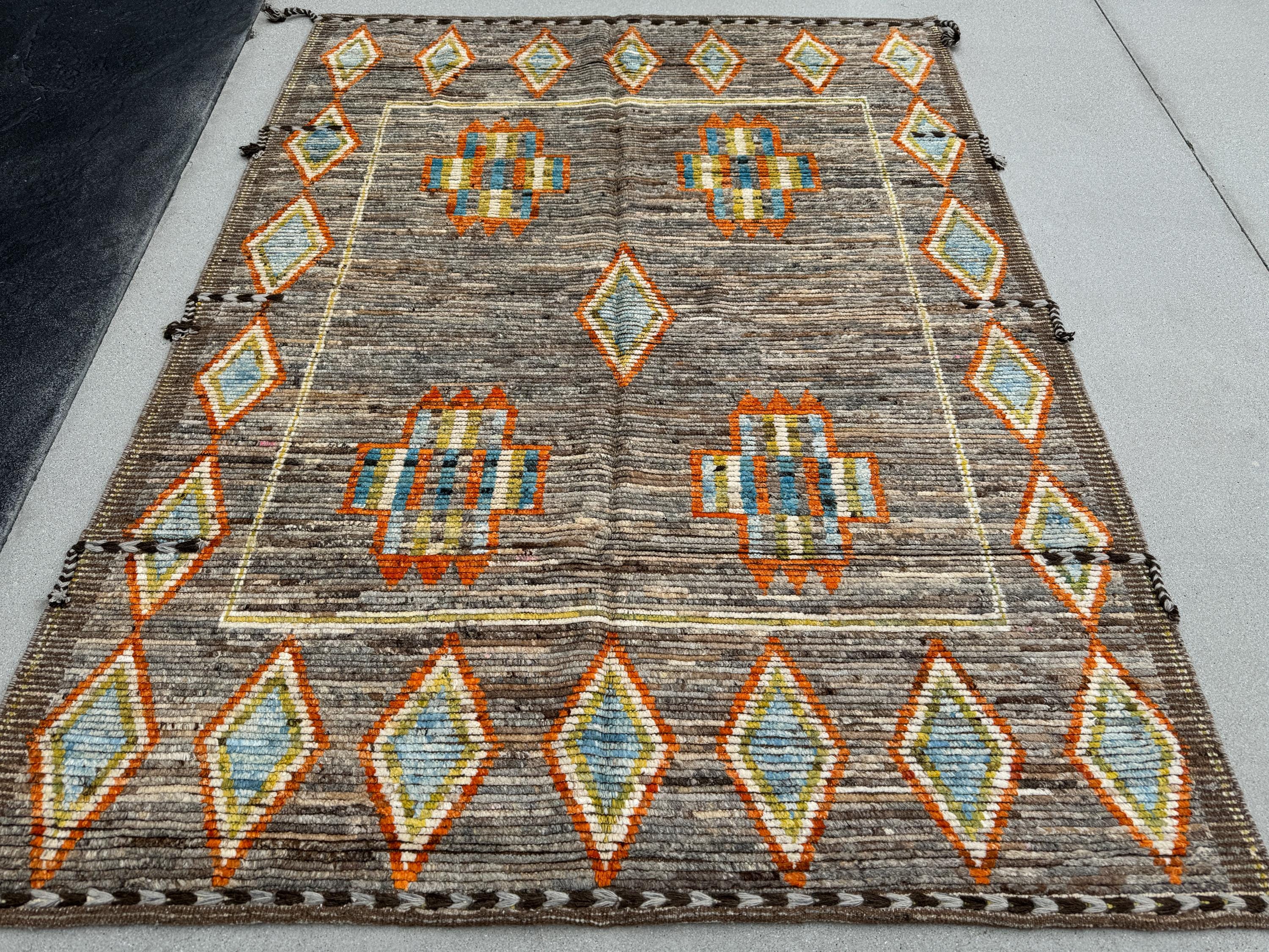 6x8 Handmade Afghan Moroccan Rug | Brown Grey Orange Yellow Sky Blue Cream | Berber Beni Oushak Ourain Tufted Bohemian Persian Southwestern