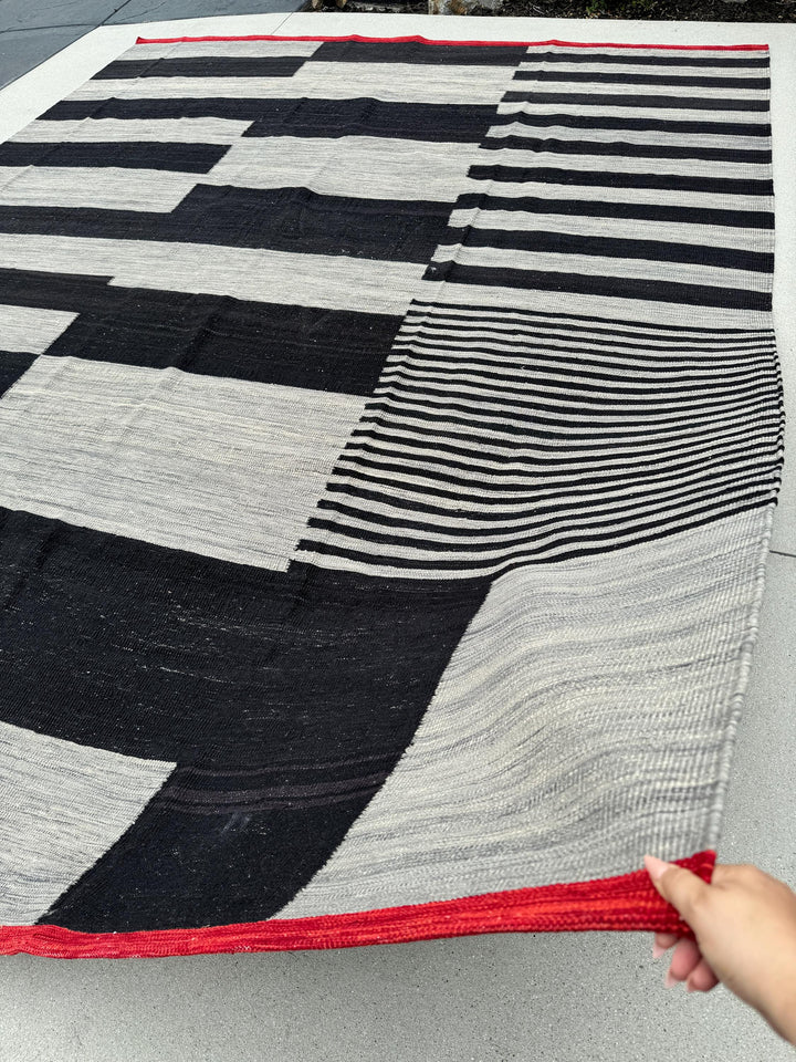 10x13 Handmade Afghan Flatwoven Kilim Rug | Black Grey Red | Wool Handknotted Dhurrie Abstract Geometric Geometric Abstract Art-Centric