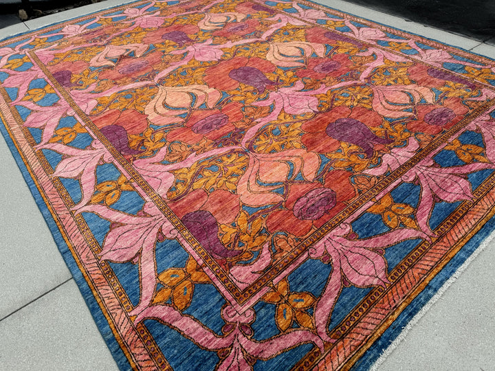 9x12 Handmade Afghan Rug | Pink Purple Orange Gold Yellow Blue | Wool Oushak Persian Handwoven Hand-knotted Floral Traditional