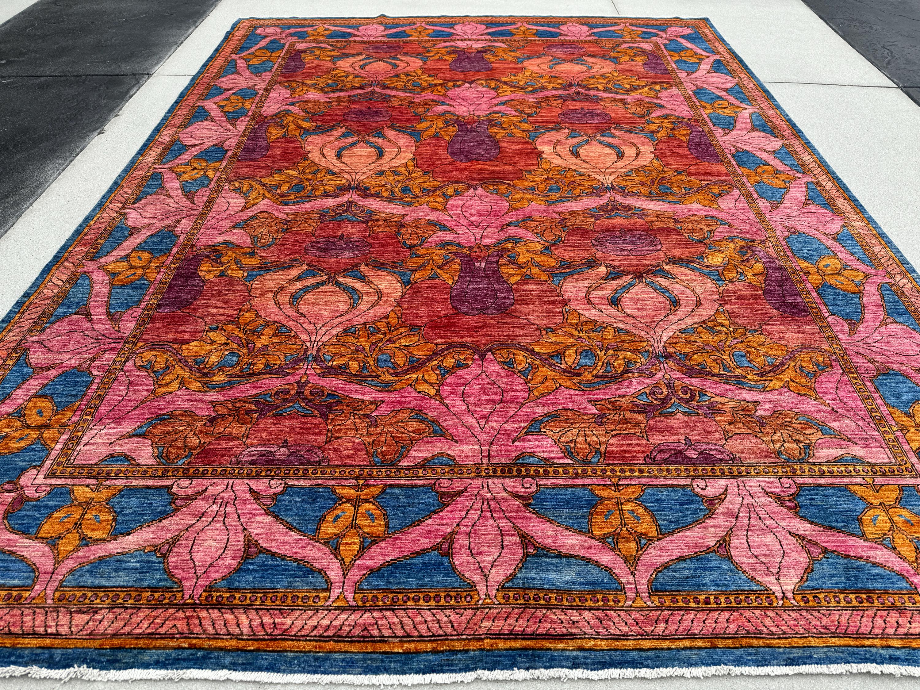 9x12 Handmade Afghan Rug | Pink Purple Orange Gold Yellow Blue | Wool Oushak Persian Handwoven Hand-knotted Floral Traditional