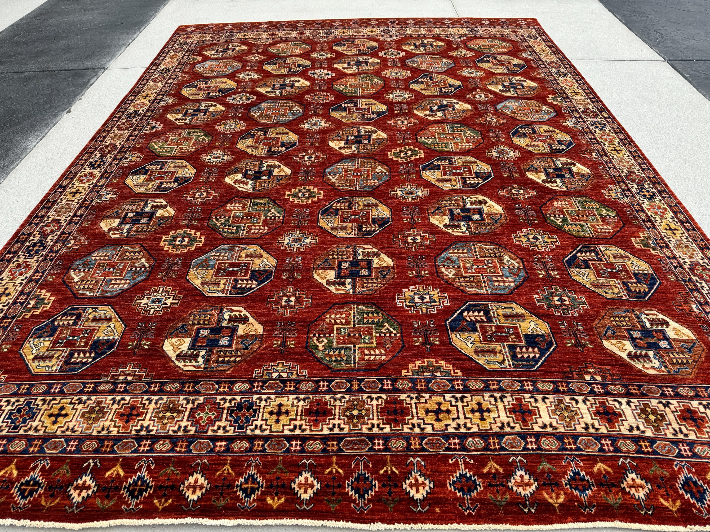 9x12 (275x365) Handmade Afghan Rug | Brick Red Brown Blue Green Gold Ivory Yellow Green | Hand Knotted Woven Wool Tribal Oriental Luxury