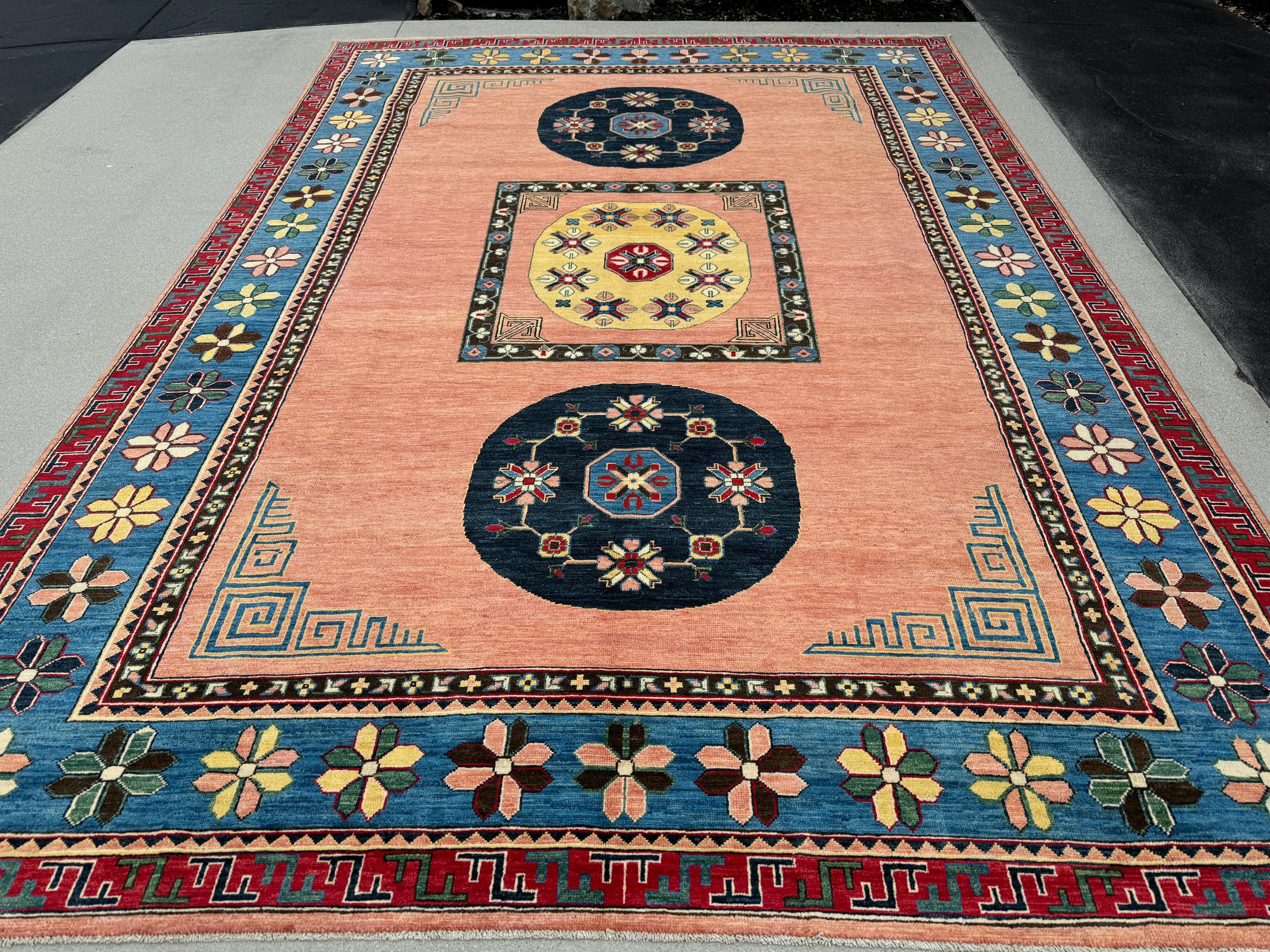 8x12 Handmade Afghan Rug | Peach Salmon Pink Gold Red Dark Denim Blue Green Yellow | Wool Oushak Persian Handwoven Hand-knotted Floral