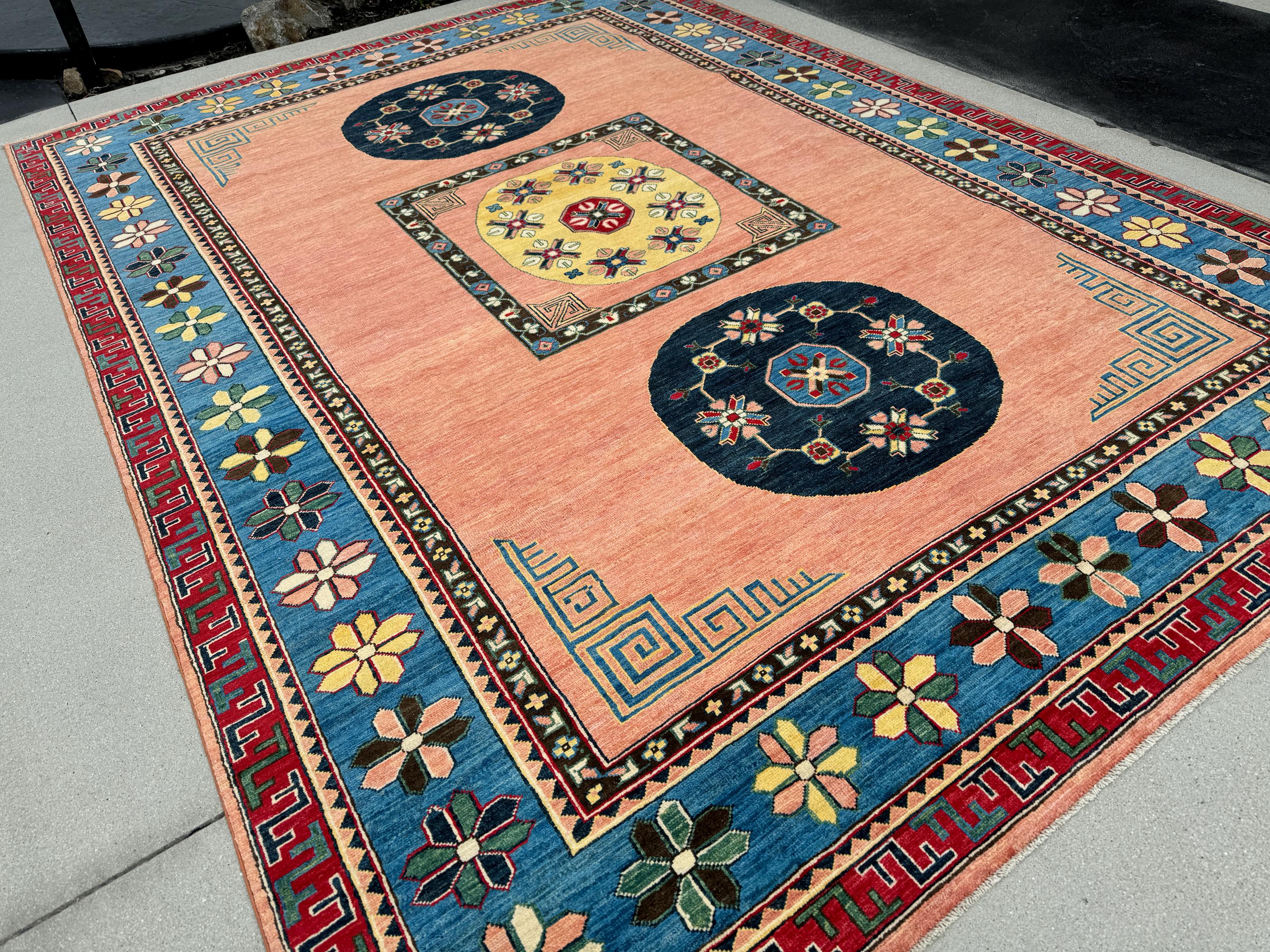 8x12 Handmade Afghan Rug | Peach Salmon Pink Gold Red Dark Denim Blue Green Yellow | Wool Oushak Persian Handwoven Hand-knotted Floral