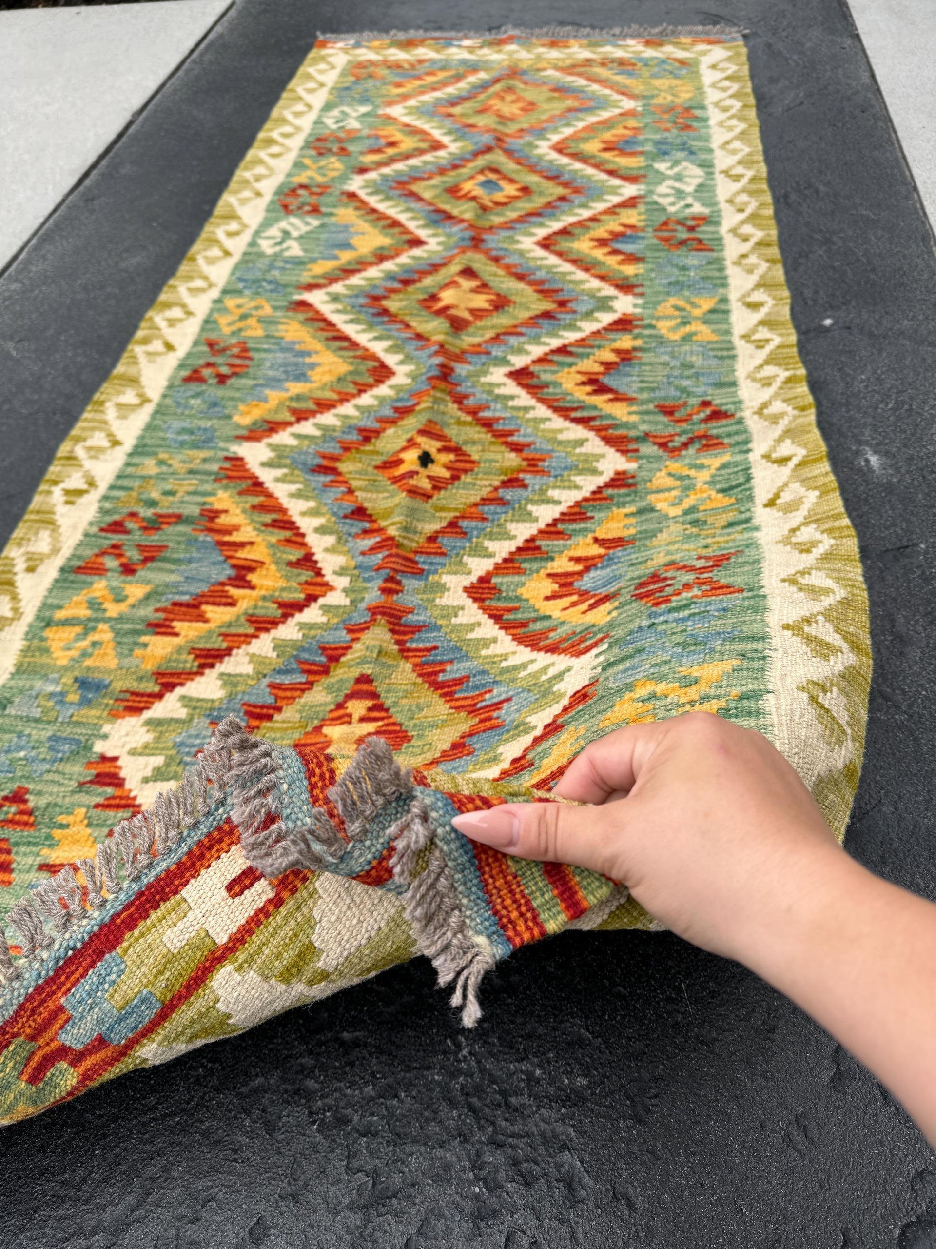 3x7 (100x200) Handmade Afghan Kilim Runner Rug | Olive Forest Green Cream Beige Burnt Coral Orange Denim Blue | Flatweave Outdoor Wool