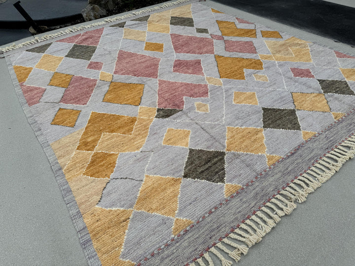 9x10 (275x305) Handmade Afghan Moroccan Rug | Grey Gray Charcoal White Rose Pink Mustard Yellow Beige Sand Brown | Wool Handwoven Geometric