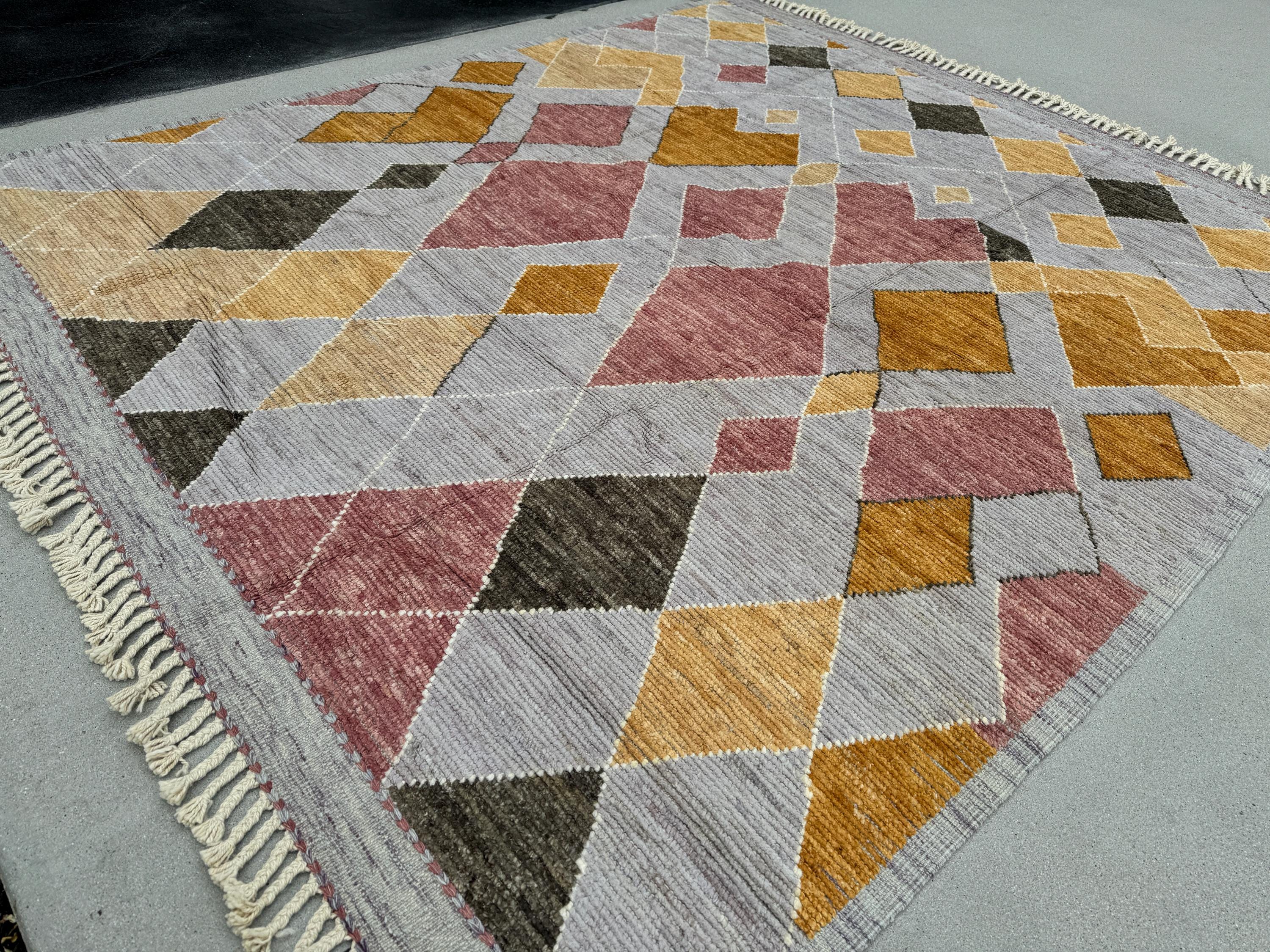 9x10 (275x305) Handmade Afghan Moroccan Rug | Grey Gray Charcoal White Rose Pink Mustard Yellow Beige Sand Brown | Wool Handwoven Geometric