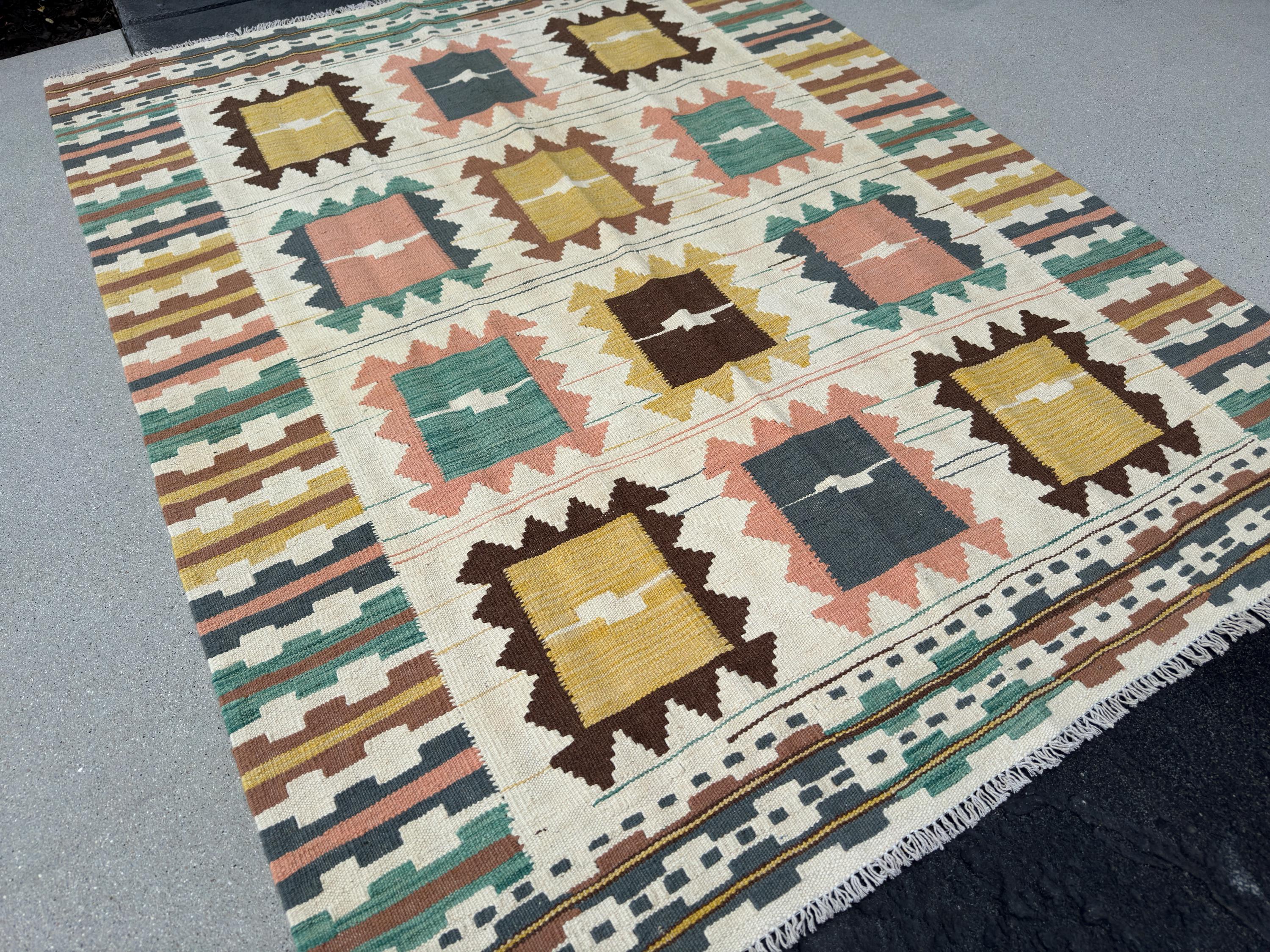 5x7 Handmade Afghan Kilim Rug | Cream Beige Ivory Mustard Peach Teal Coffee Caramel Brown Grey | Flatweave Outdoor